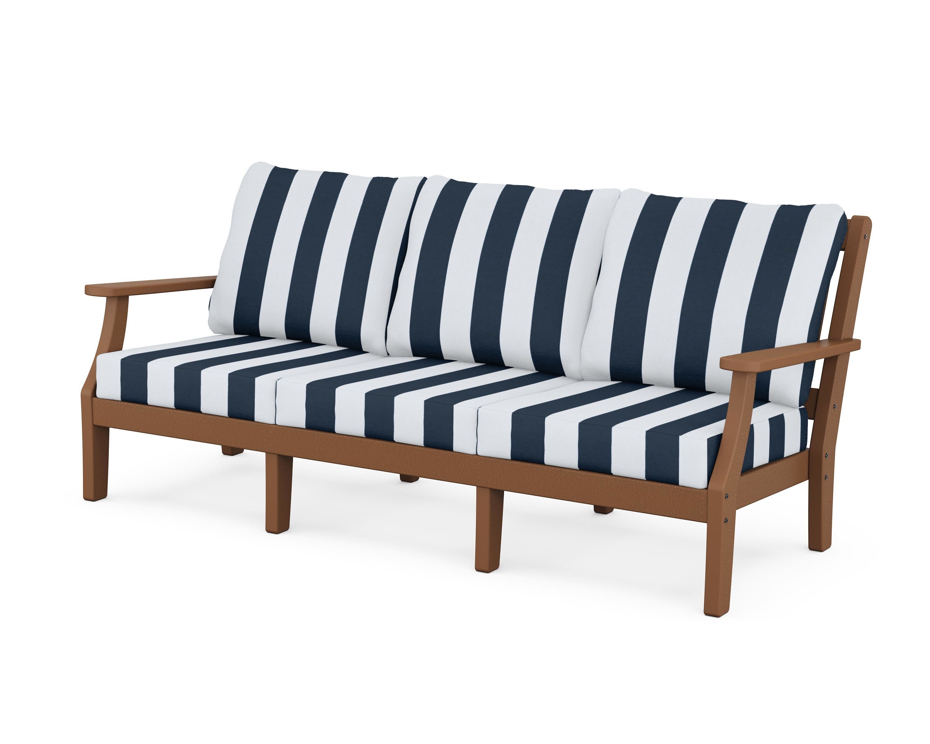 Chinoiserie Deep Seating Sofa in Teak / Cabana Stripe Marine Indigo
