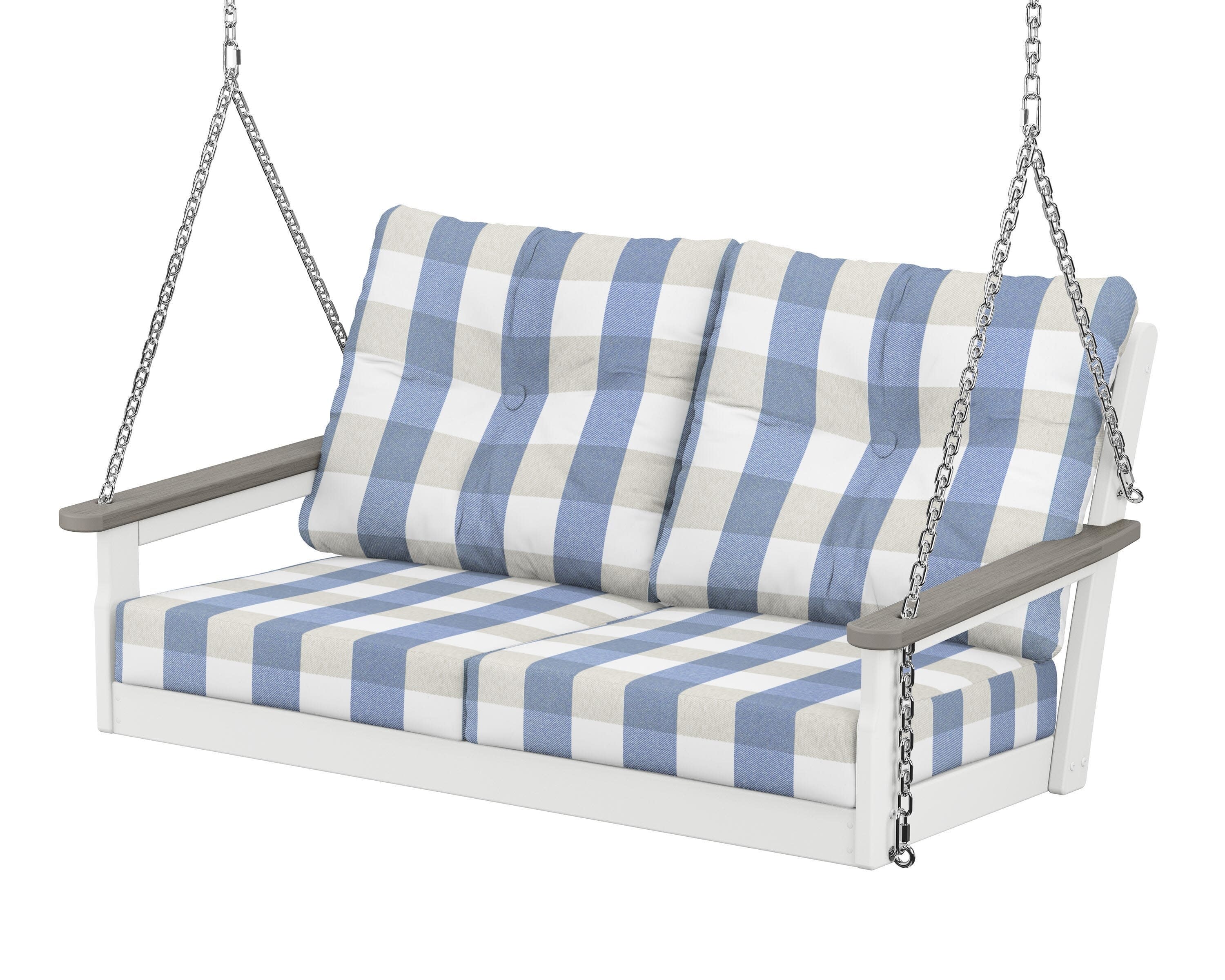 Vineyard Deep Seating Swing in White / Driftwood / Buffalo Plaid Sky Blue