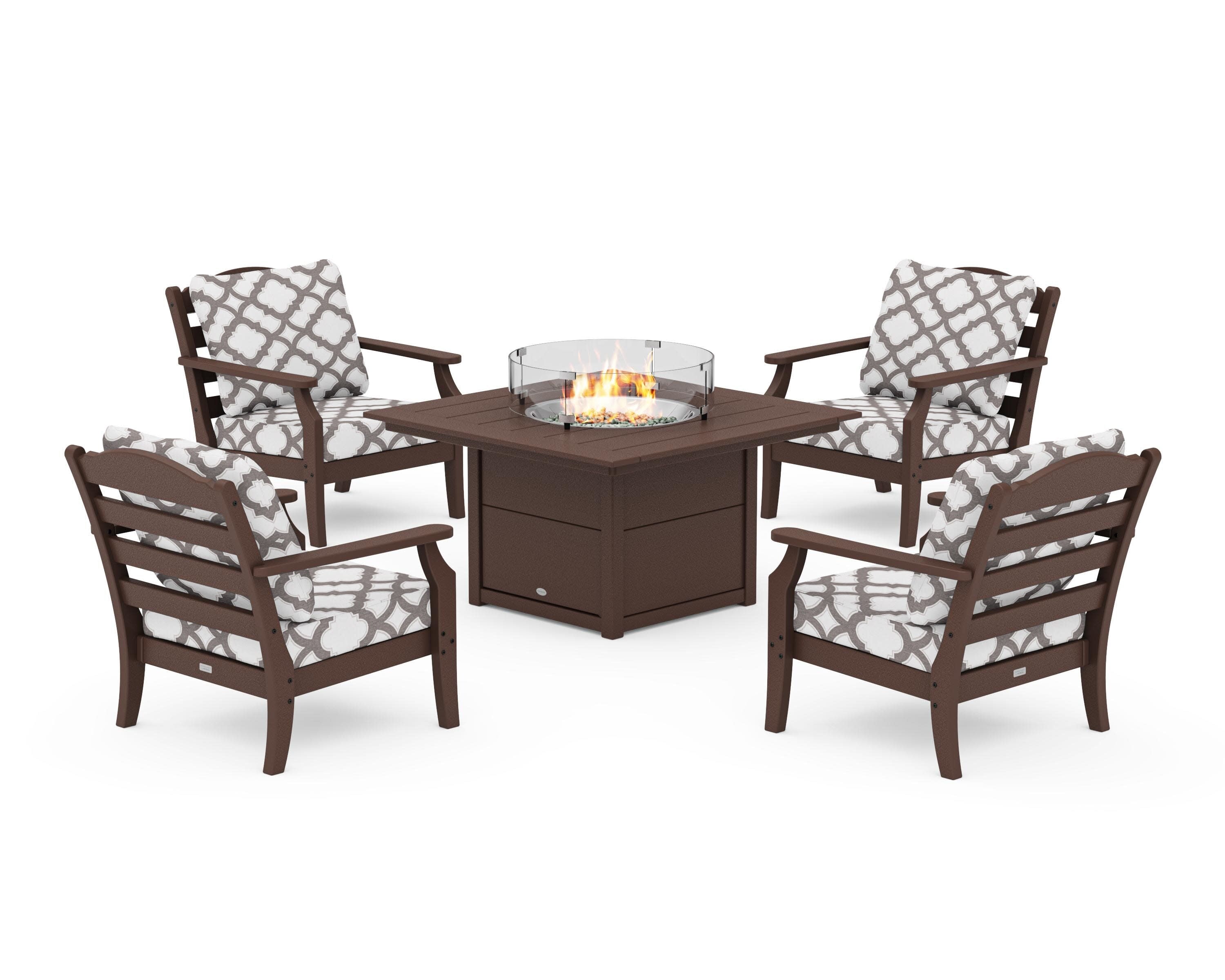 Savannah 5-Piece Deep Seating Set with Fire Pit Table in Mahogany / Trellis Grey Mist