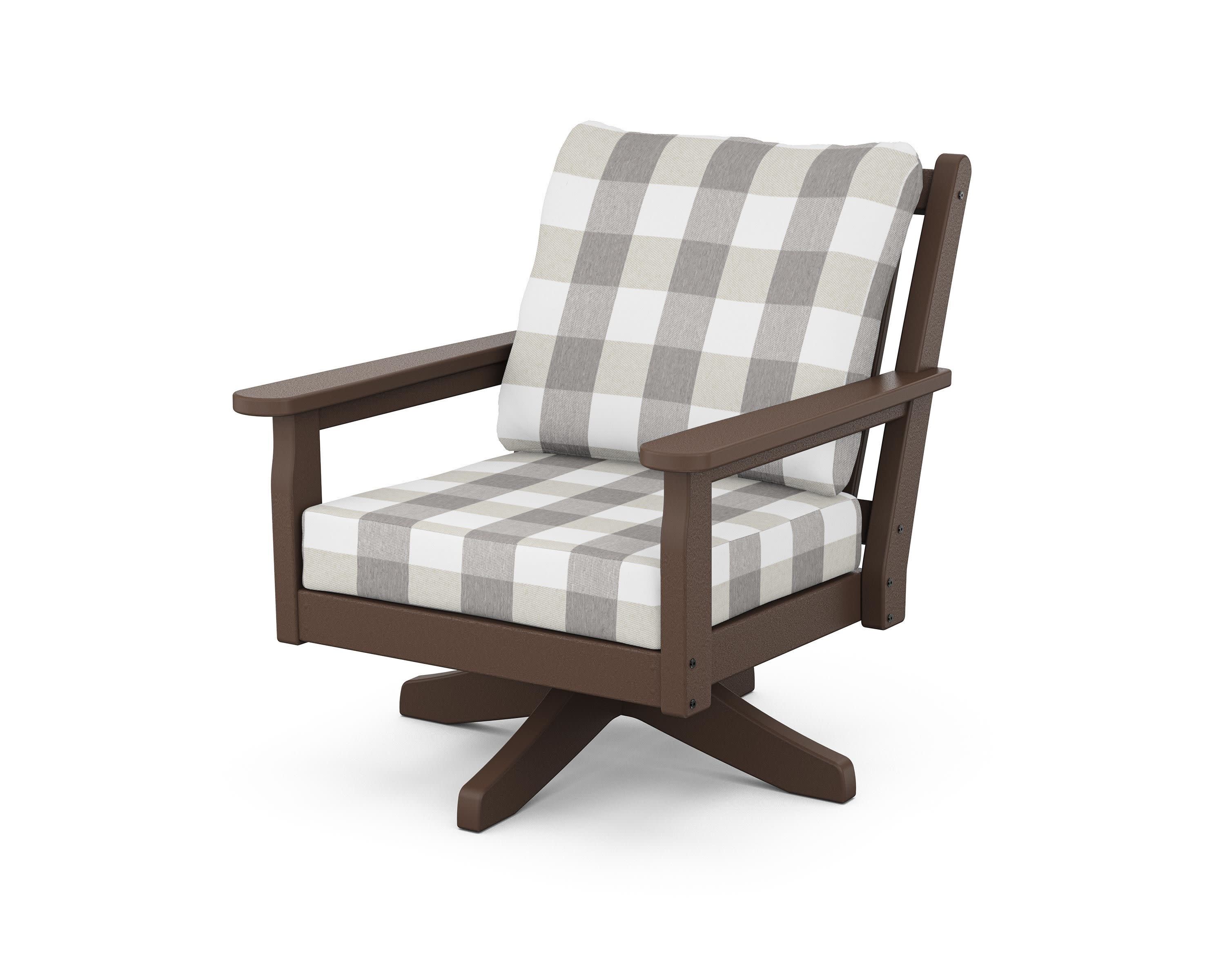 Chippendale Deep Seating Swivel Chair in Mahogany / Buffalo Plaid Grey Mist