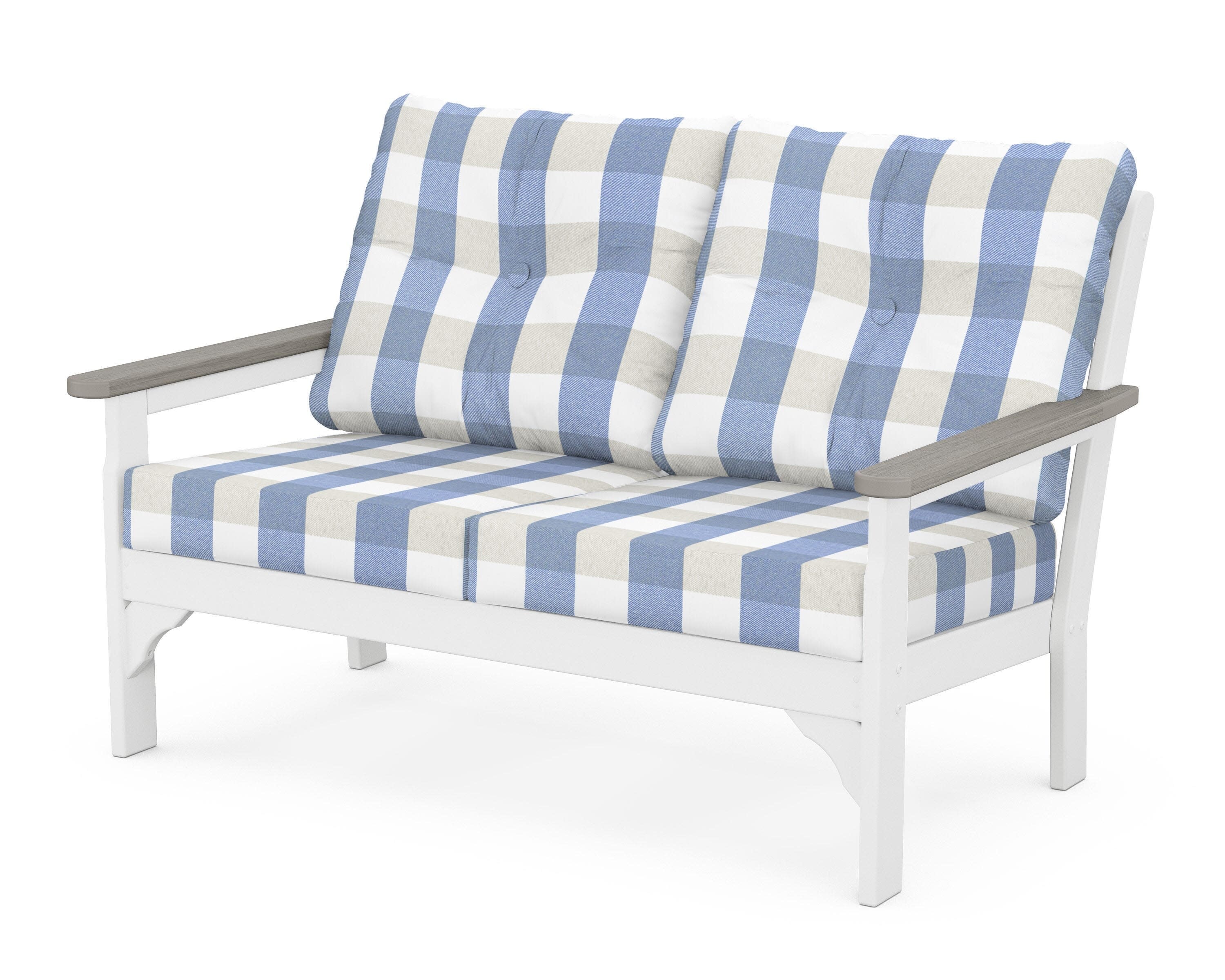 Vineyard Deep Seating Loveseat in White / Driftwood / Buffalo Plaid Sky Blue