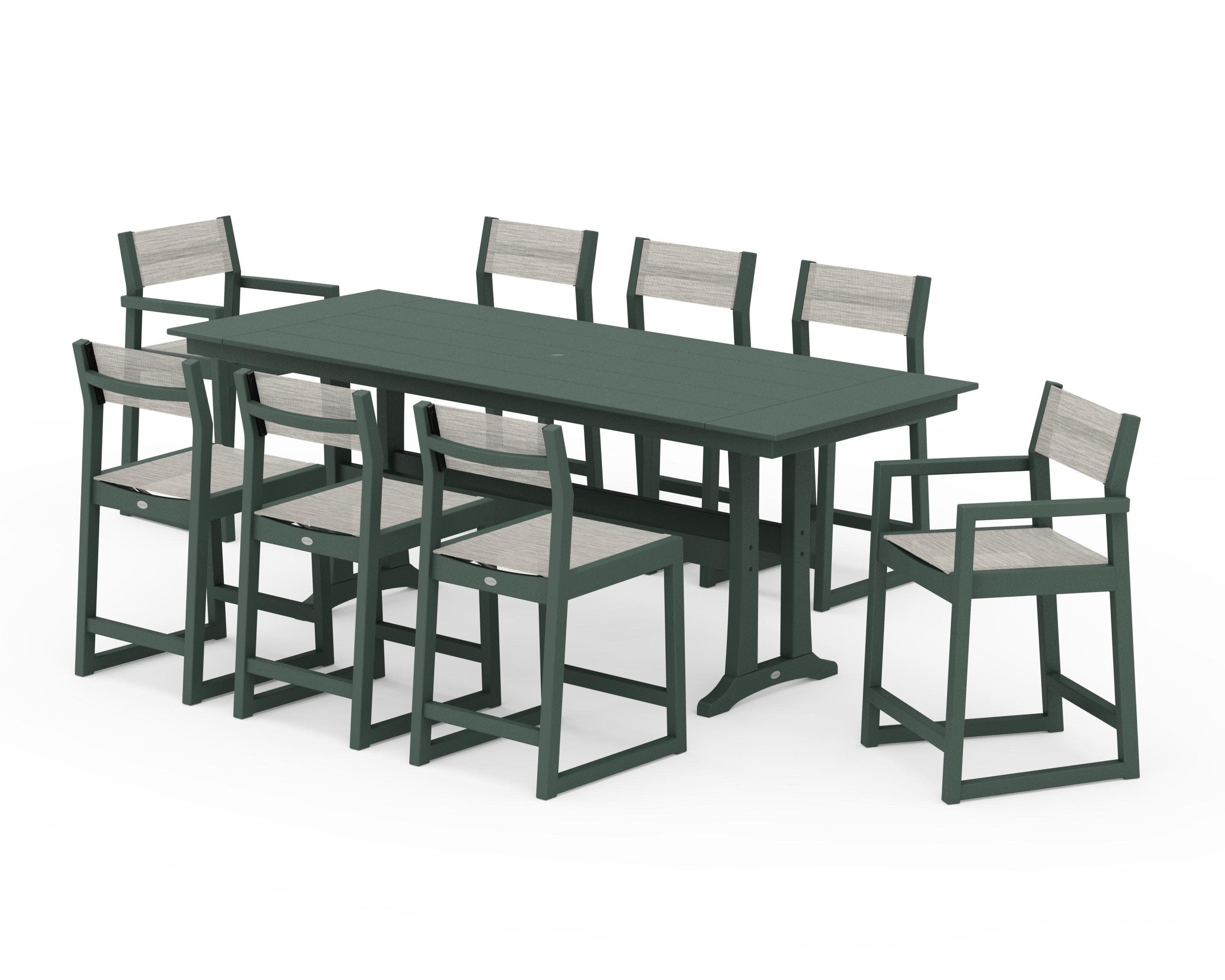 EDGE Sling 9-Piece Farmhouse Counter Set with Trestle Legs in Green / Birch Sling