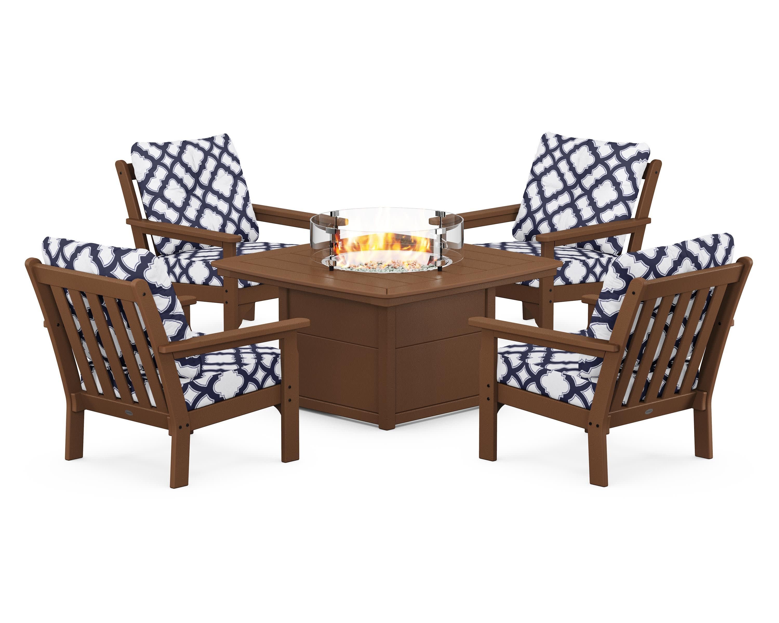 Vineyard 5-Piece Conversation Set with Fire Pit Table in Teak / Trellis Navy