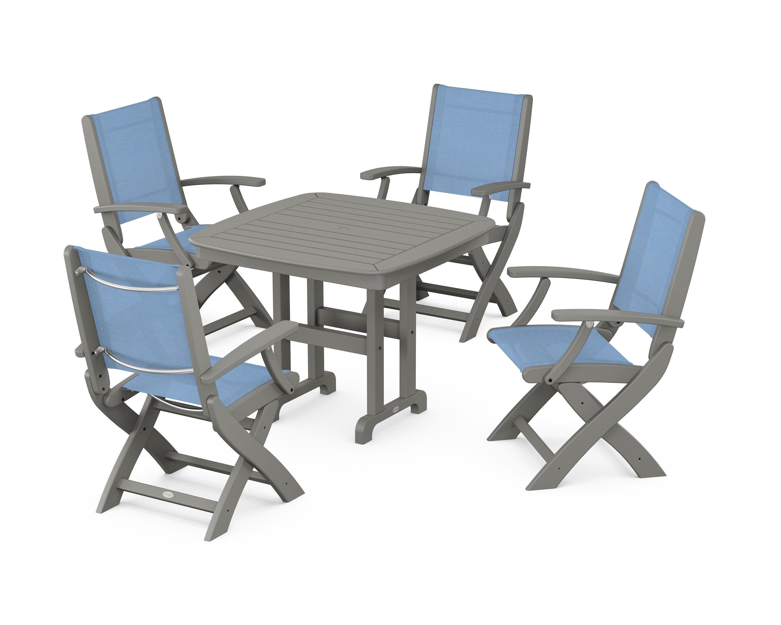 Coastal Folding Chair 5-Piece Dining Set in Slate Grey / Poolside Sling