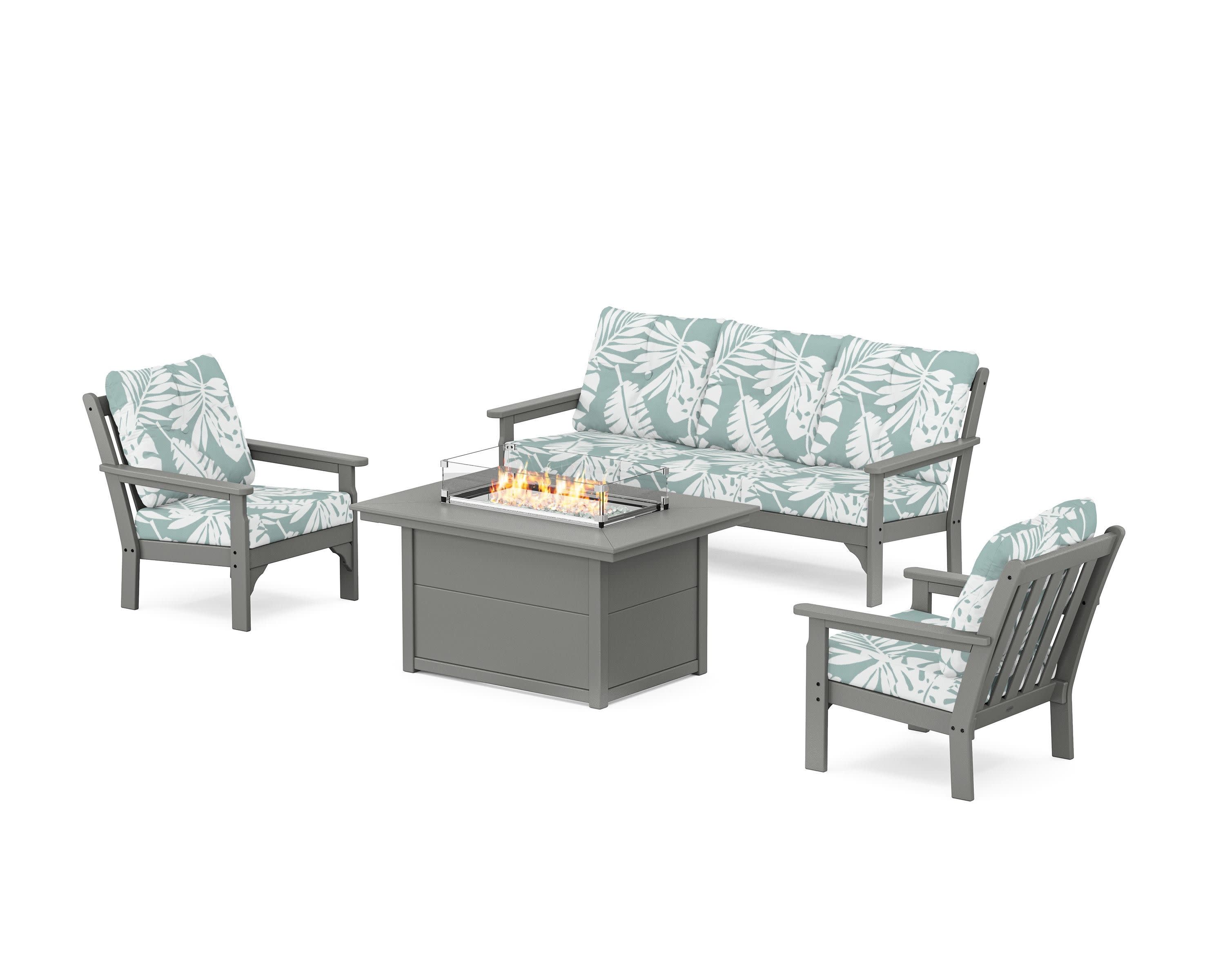 Vineyard Deep Seating Fire Pit Table Set in Slate Grey / Leaf Glacier Spa