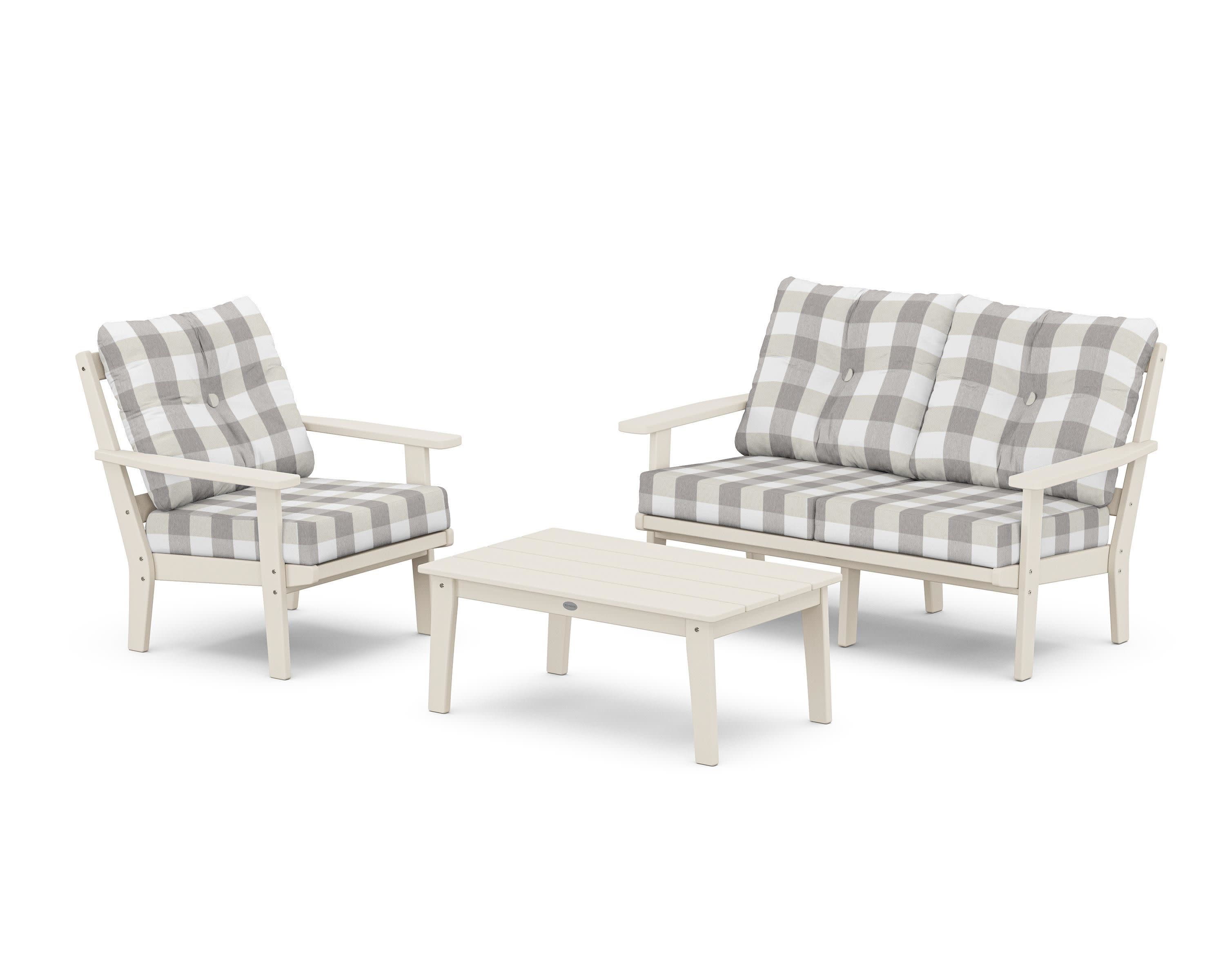 Oxford 3-Piece Deep Seating Set with Loveseat in Sand / Buffalo Plaid Grey Mist