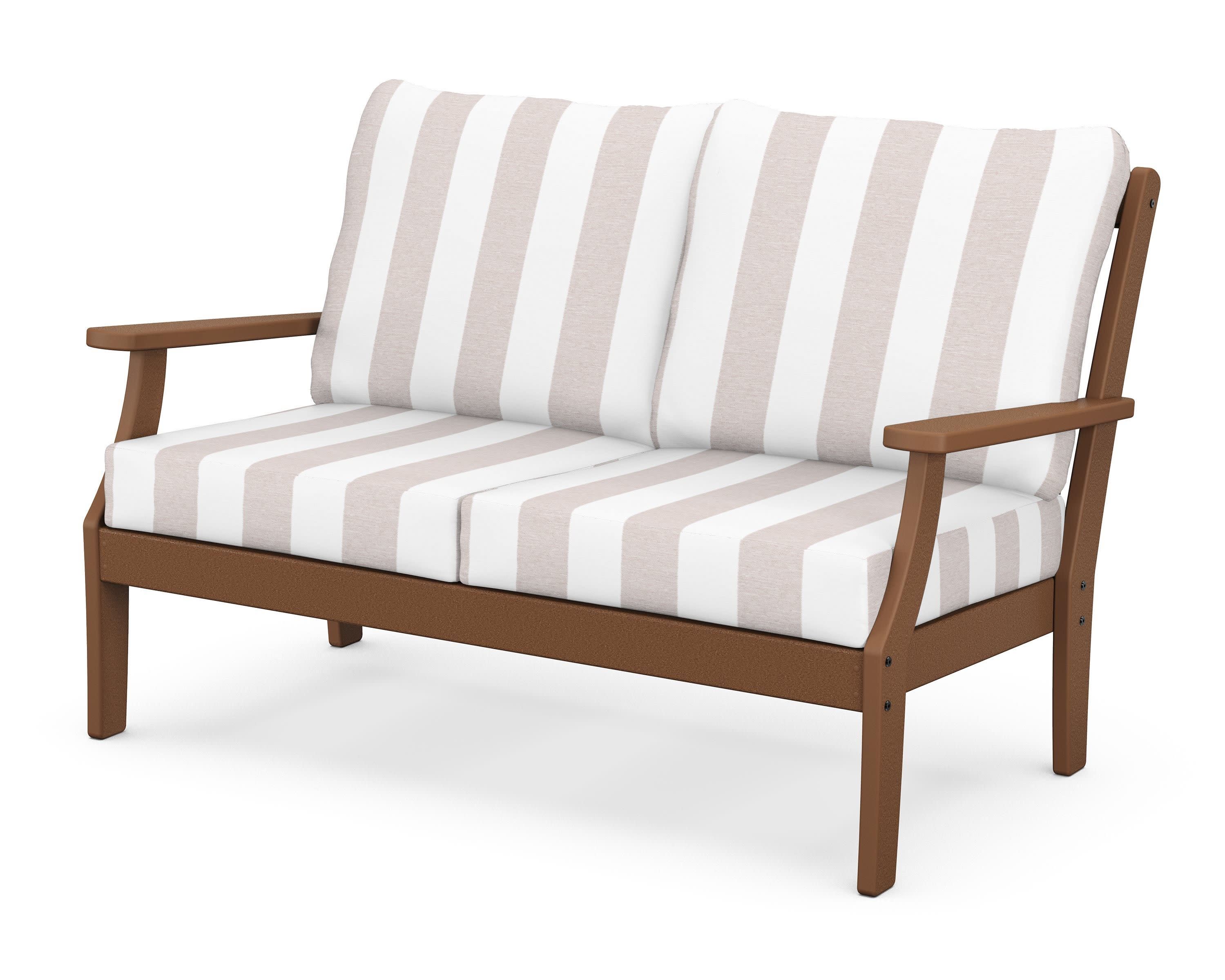 Braxton Deep Seating Loveseat in Teak / Cabana Stripe Dune Burlap
