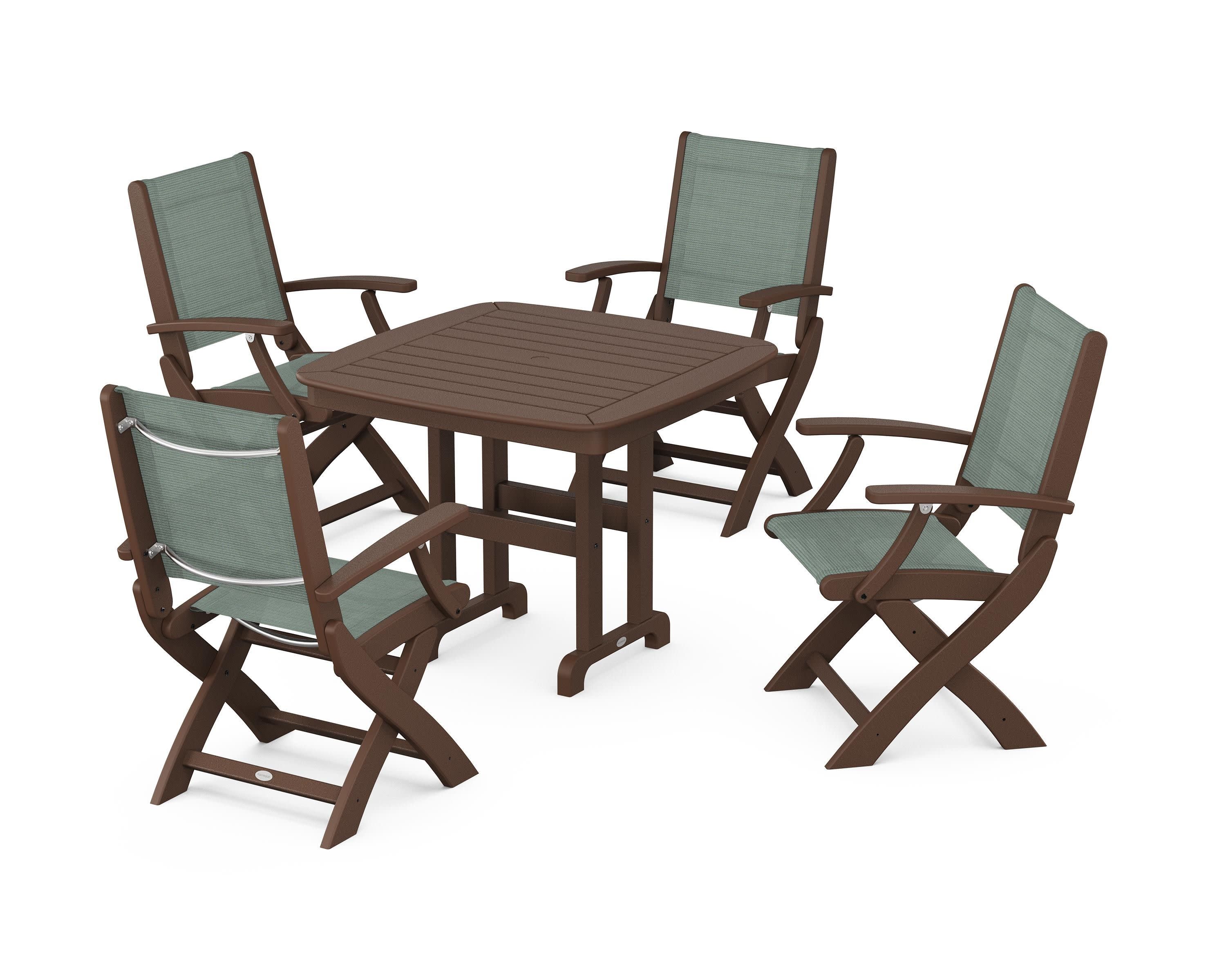 Coastal Folding Chair 5-Piece Dining Set in Mahogany / Dupioni Sea Mist Sling