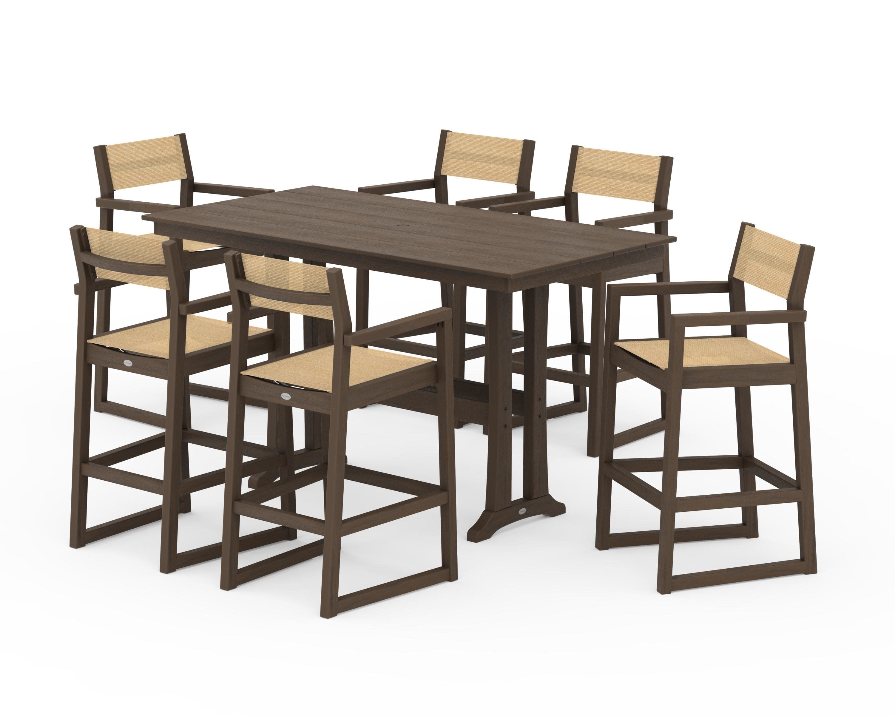 EDGE Sling Arm Chair 7-Piece Farmhouse Bar Set with Trestle Legs in Kona / Dupioni Apricot Sling