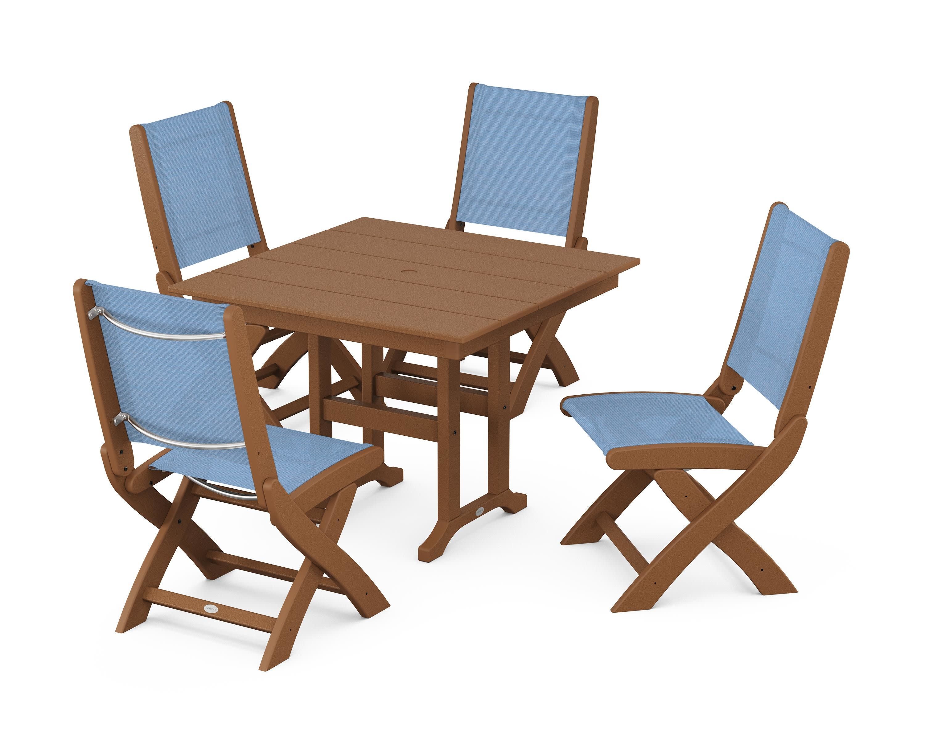 Coastal Folding Side Chair 5-Piece Farmhouse Dining Set in Teak / Poolside Sling
