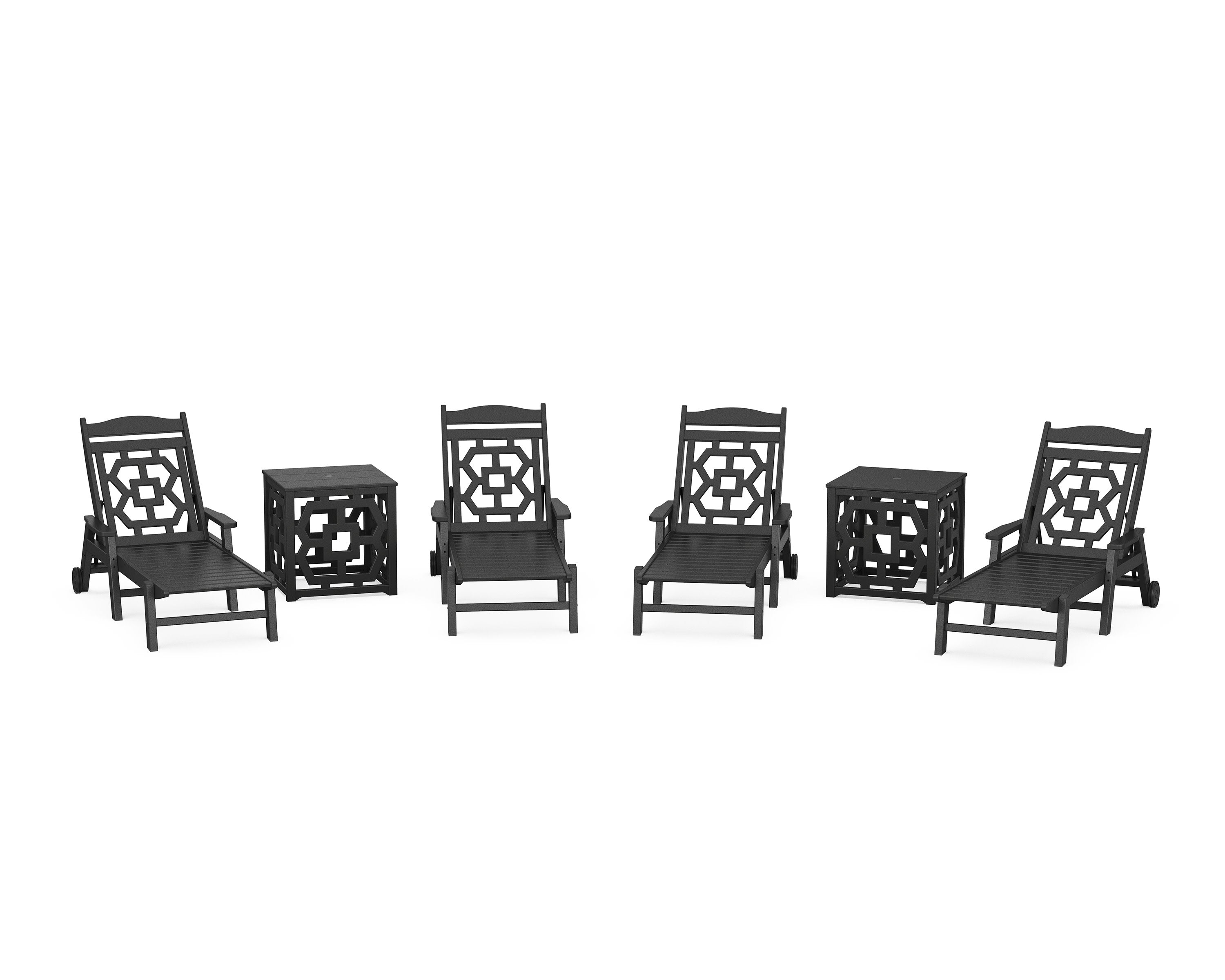 Chinoiserie 6-Piece Chaise Set with Umbrella Stand Accent Table in Black