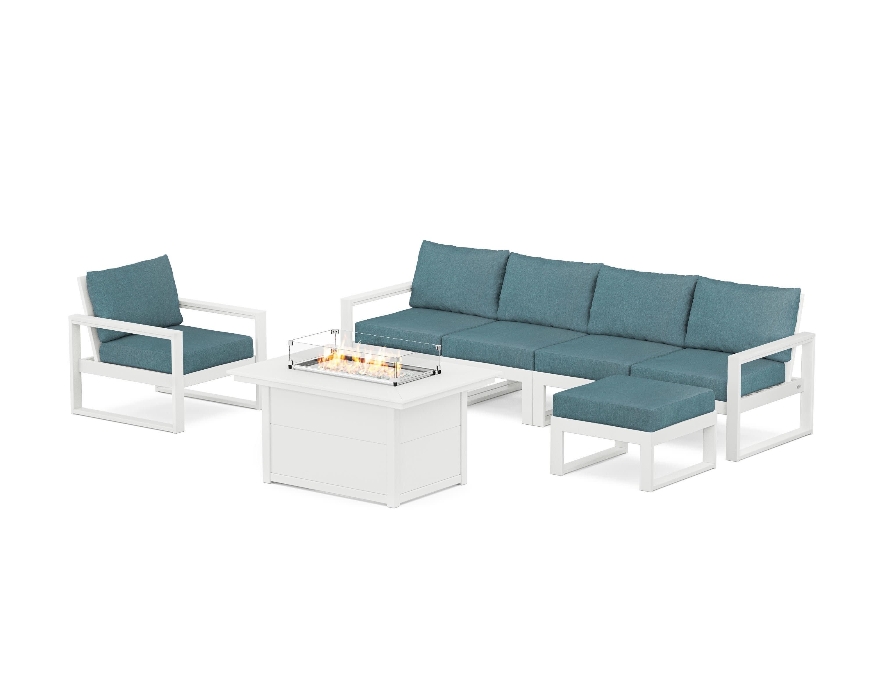 EDGE Sectional Lounge and Fire Pit Set in White / Ocean Teal