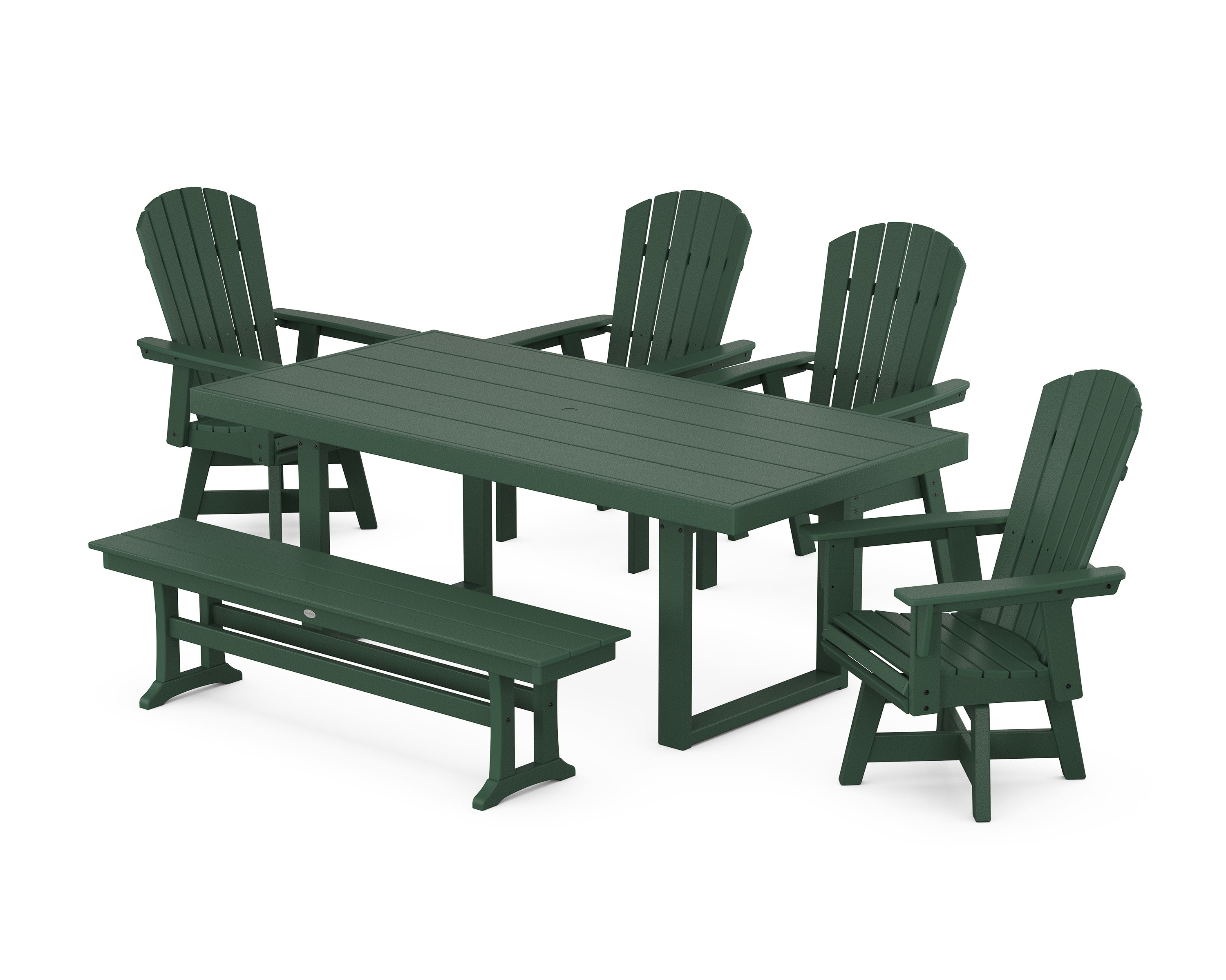 Nautical Curveback Adirondack Swivel Chair 6-Piece Dining Set with Bench in Green