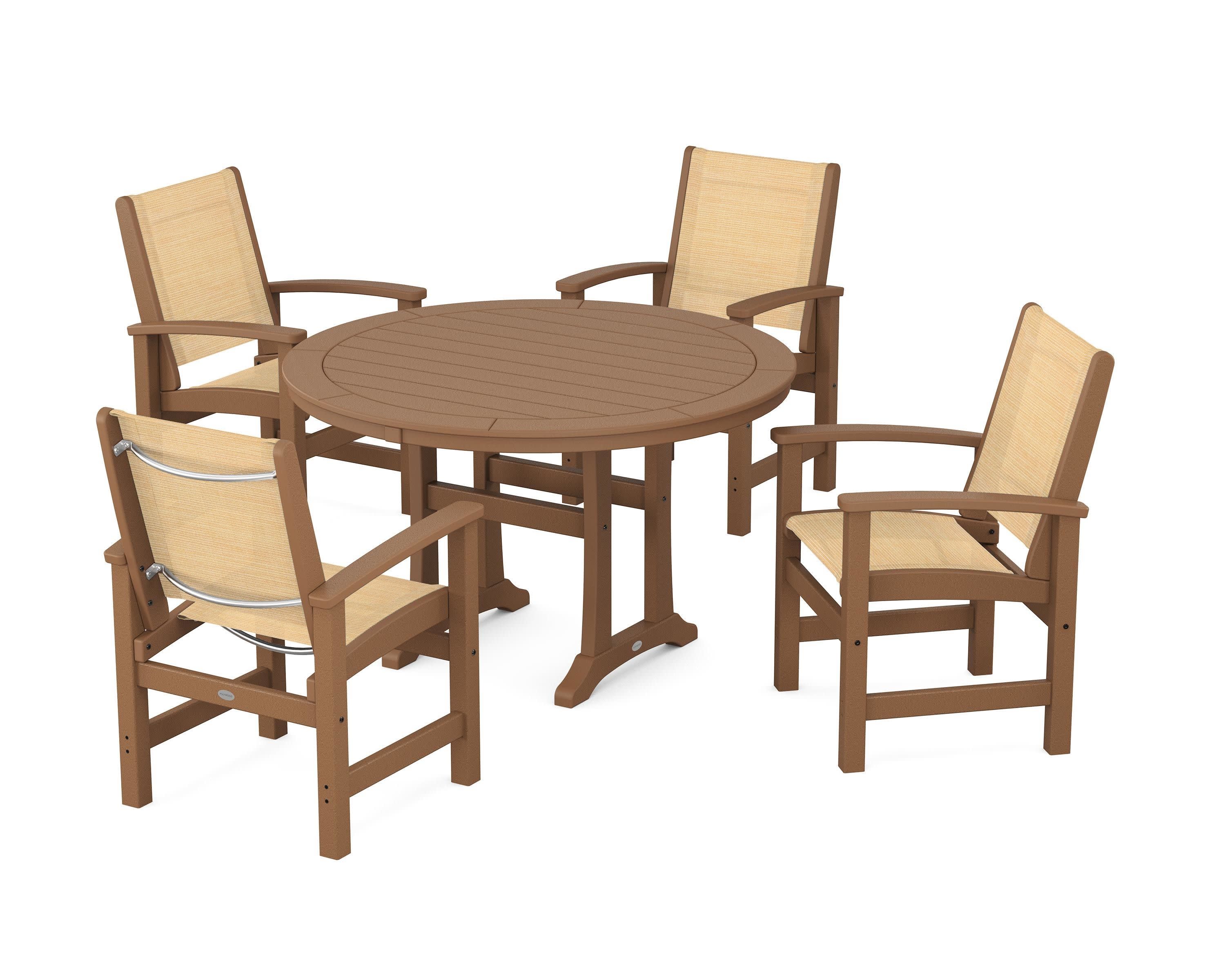 Coastal 5-Piece Round Dining Set with Trestle Legs in Teak / Dupioni Apricot Sling