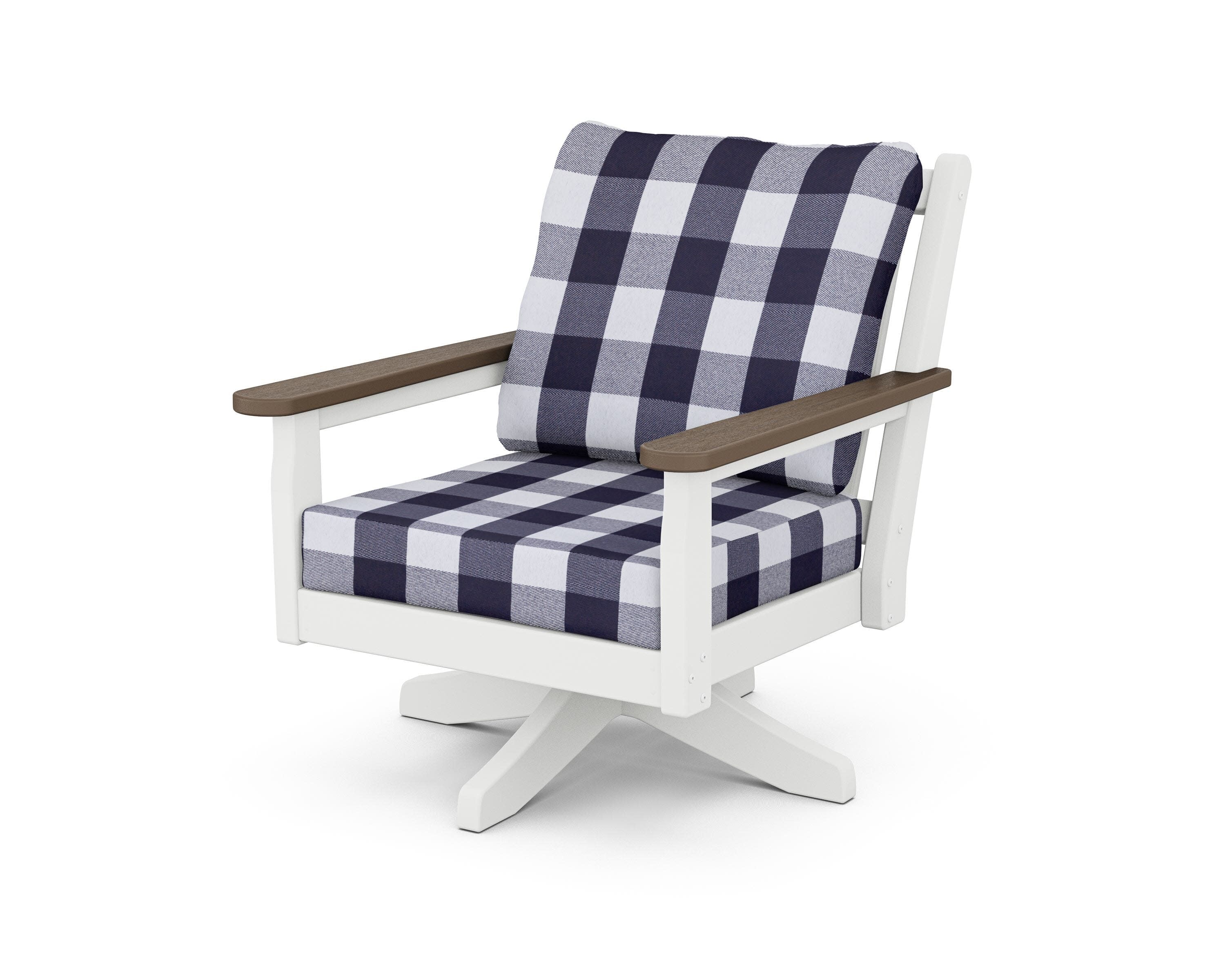 Chippendale Deep Seating Swivel Chair in White / Kona / Buffalo Plaid Navy