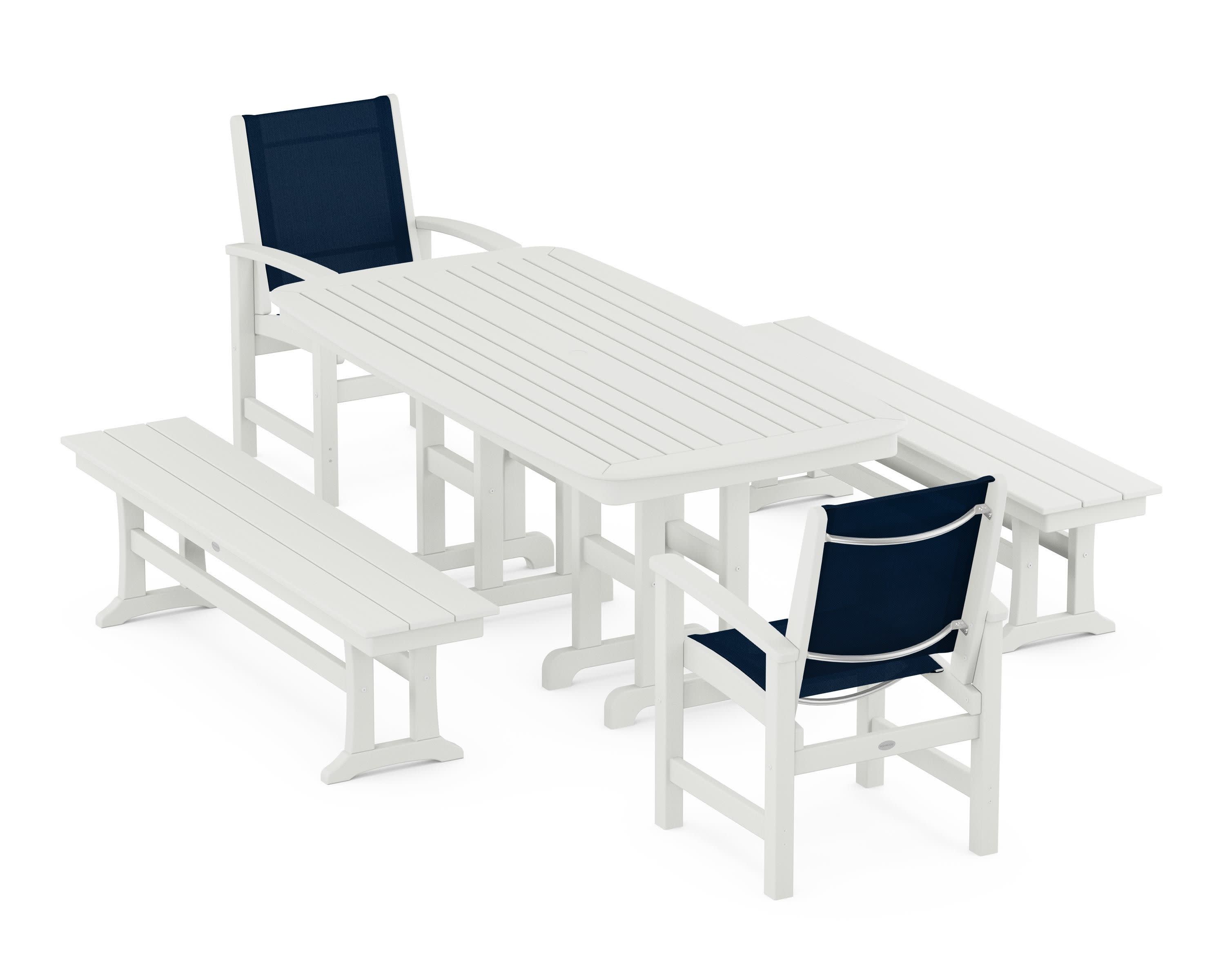Coastal 5-Piece Dining Set in Vintage White / Navy Blue Sling