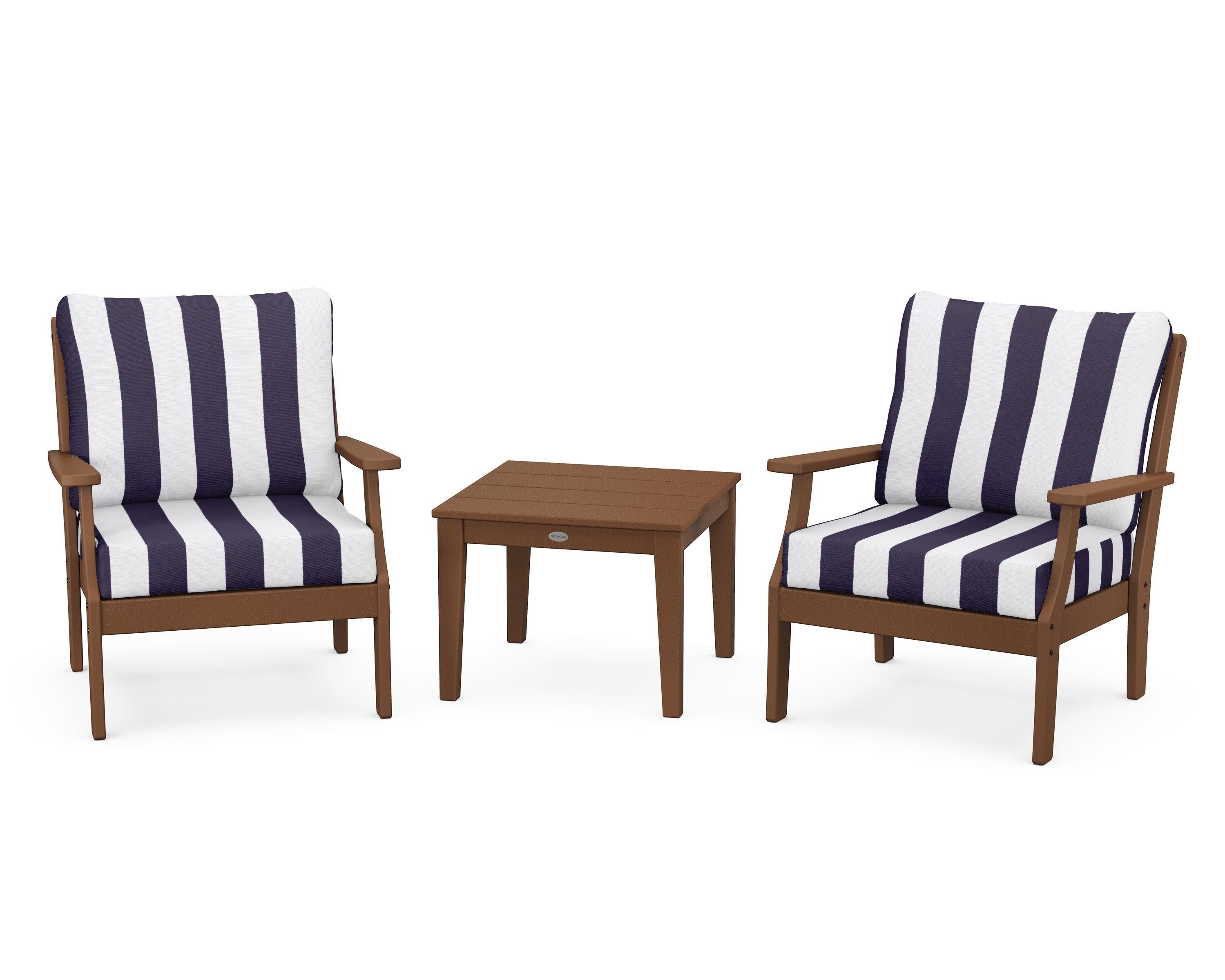 Braxton 3-Piece Deep Seating Set in Teak / Cabana Stripe Navy