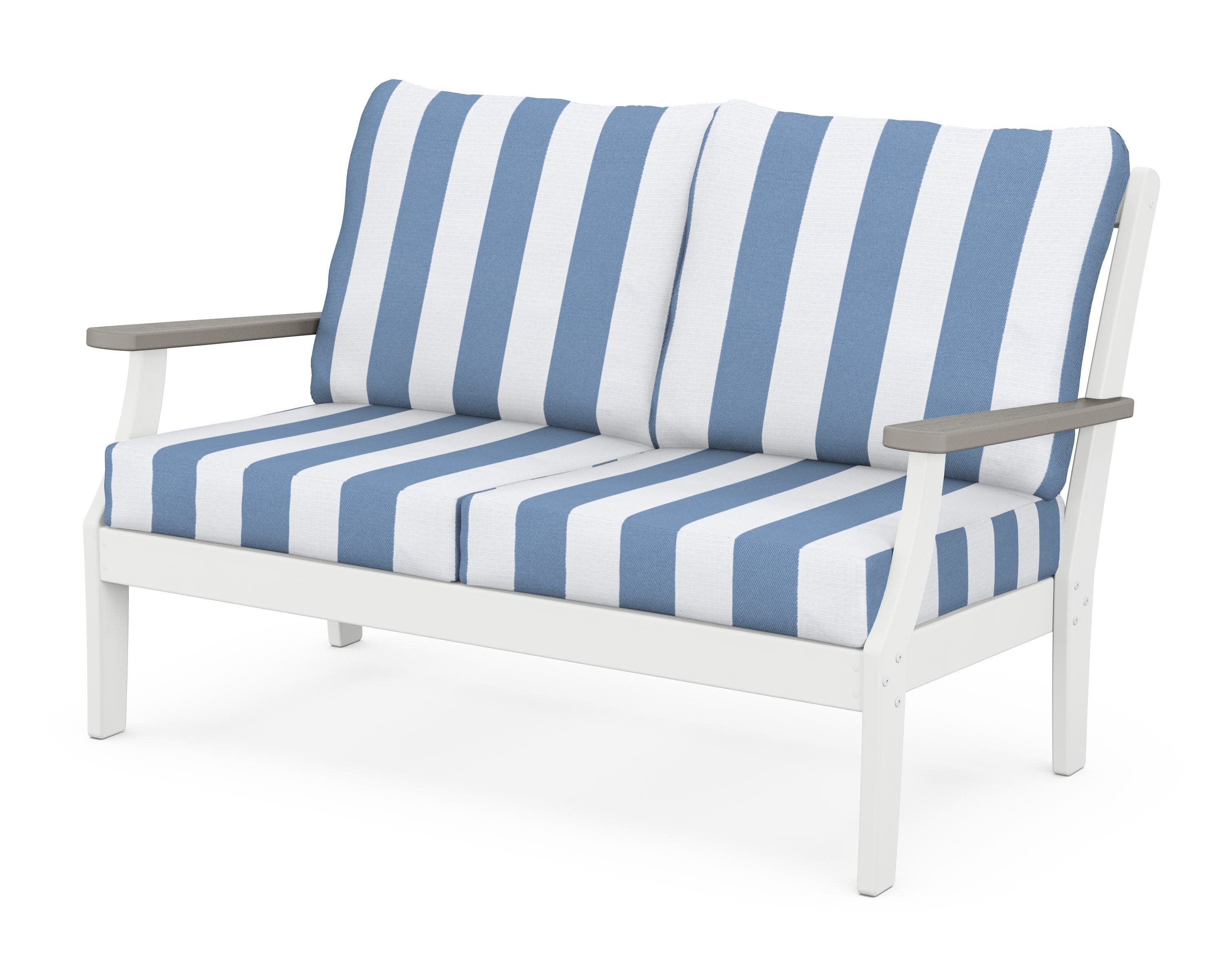 Braxton Deep Seating Loveseat in White / Driftwood / Cabana Stripe Sky Blue