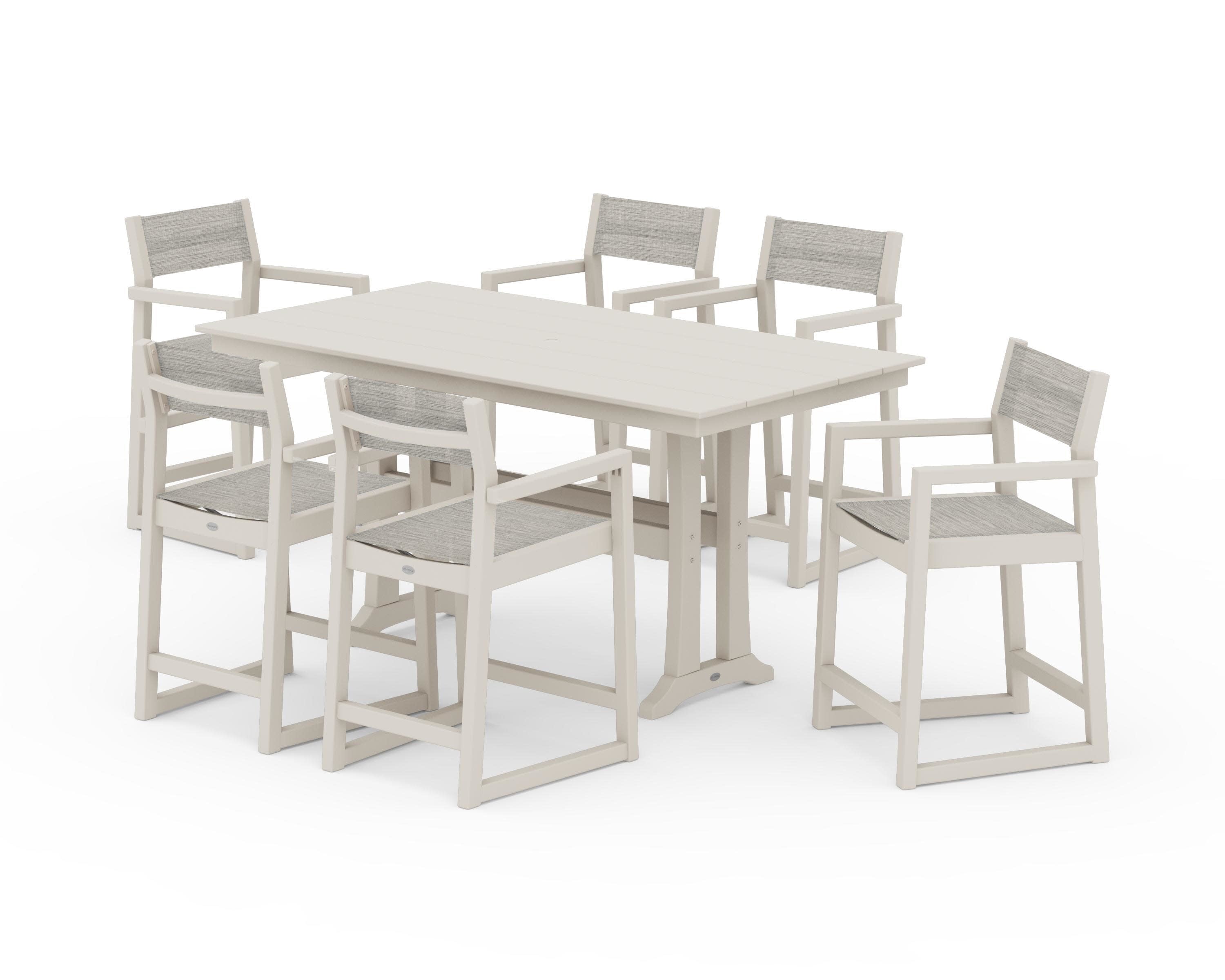 EDGE Sling Arm Chair 7-Piece Farmhouse Counter Set with Trestle Legs in Sand / Birch Sling