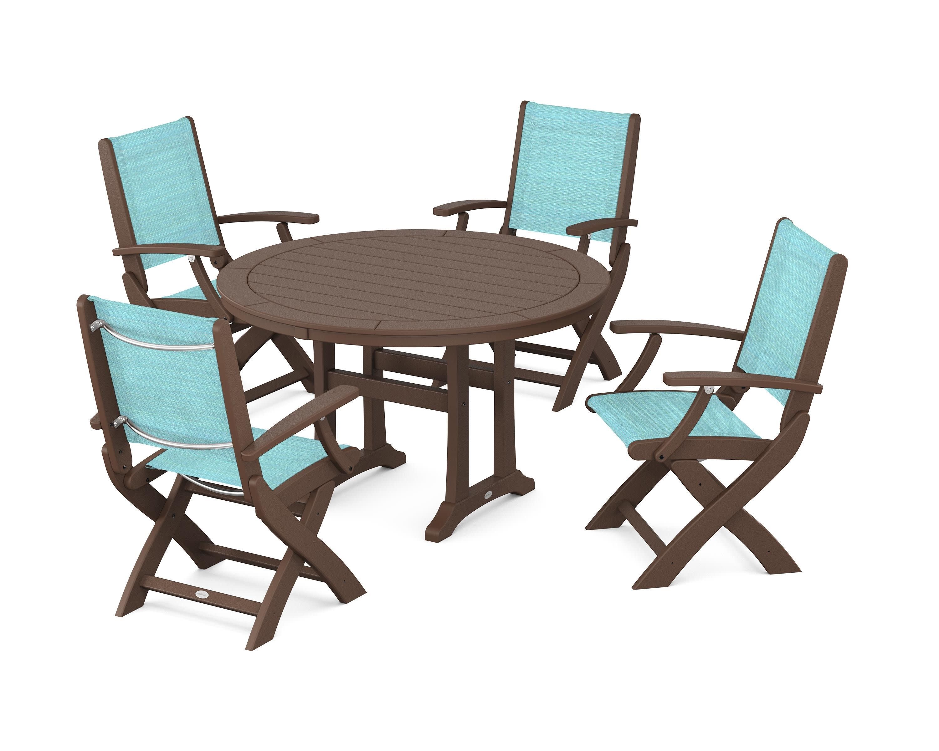 Coastal Folding Chair 5-Piece Round Dining Set with Trestle Legs in Mahogany / Dupioni Aquamarine Sling