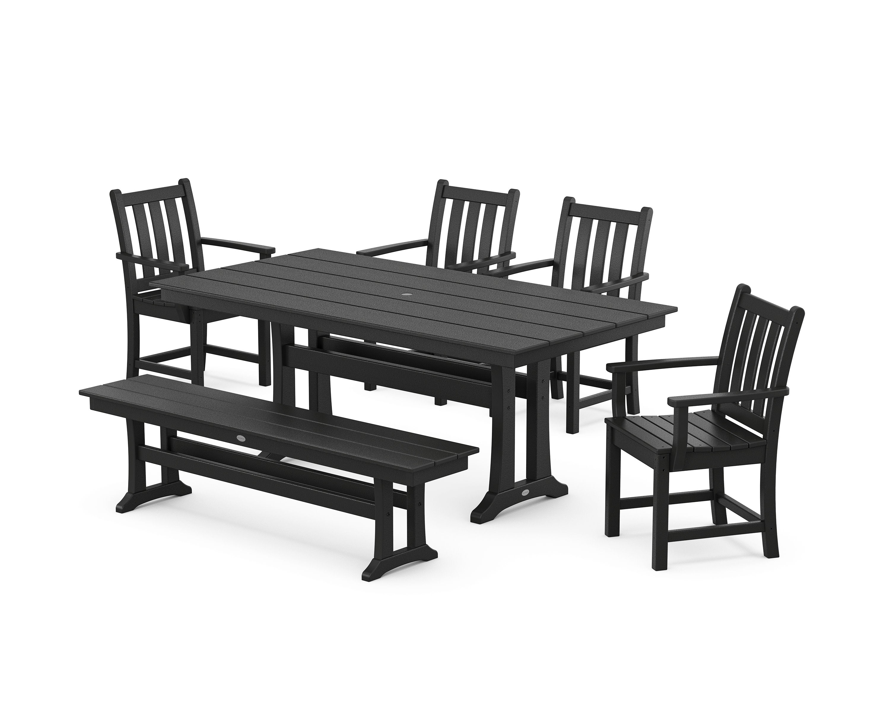 Traditional Garden Arm Chair 6-Piece Farmhouse Dining Set with Trestle Legs and Bench in Black