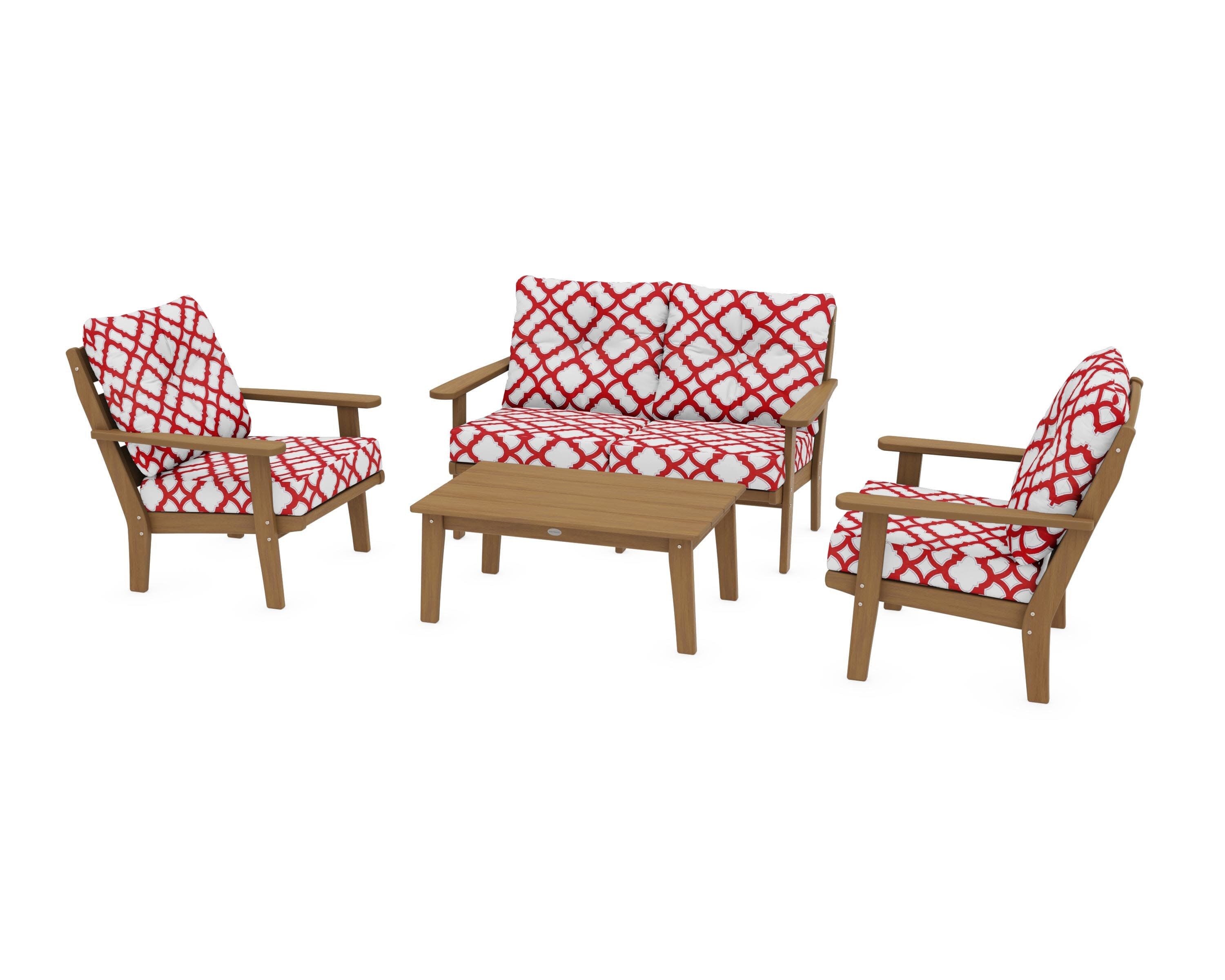 Lakeside 4-Piece Deep Seating Set in Natural / Trellis Crimson