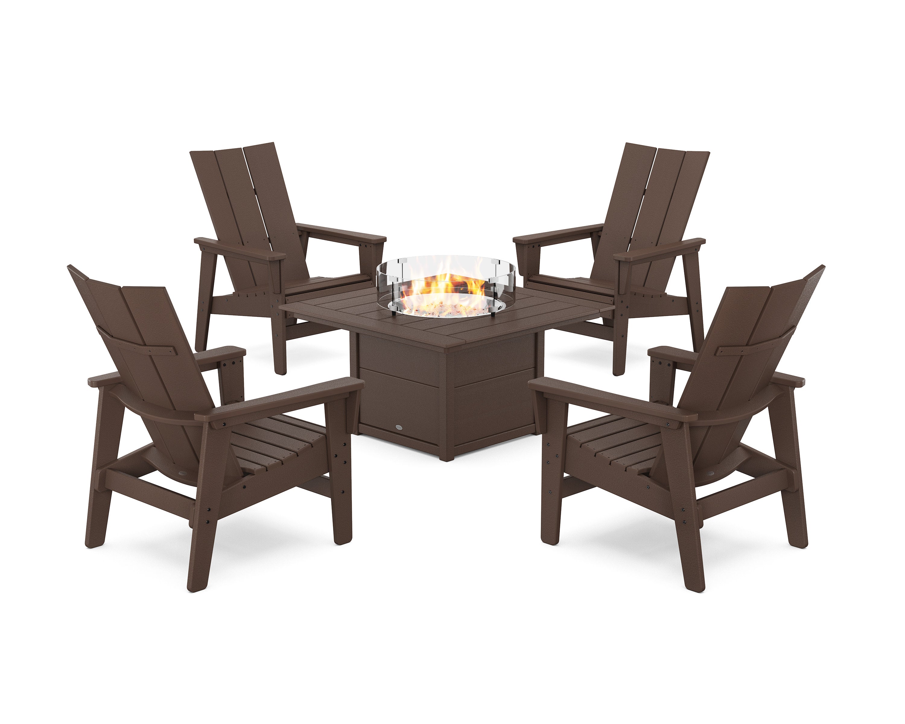 5-Piece Modern Grand Upright Adirondack Conversation Set with Fire Pit Table in Mahogany