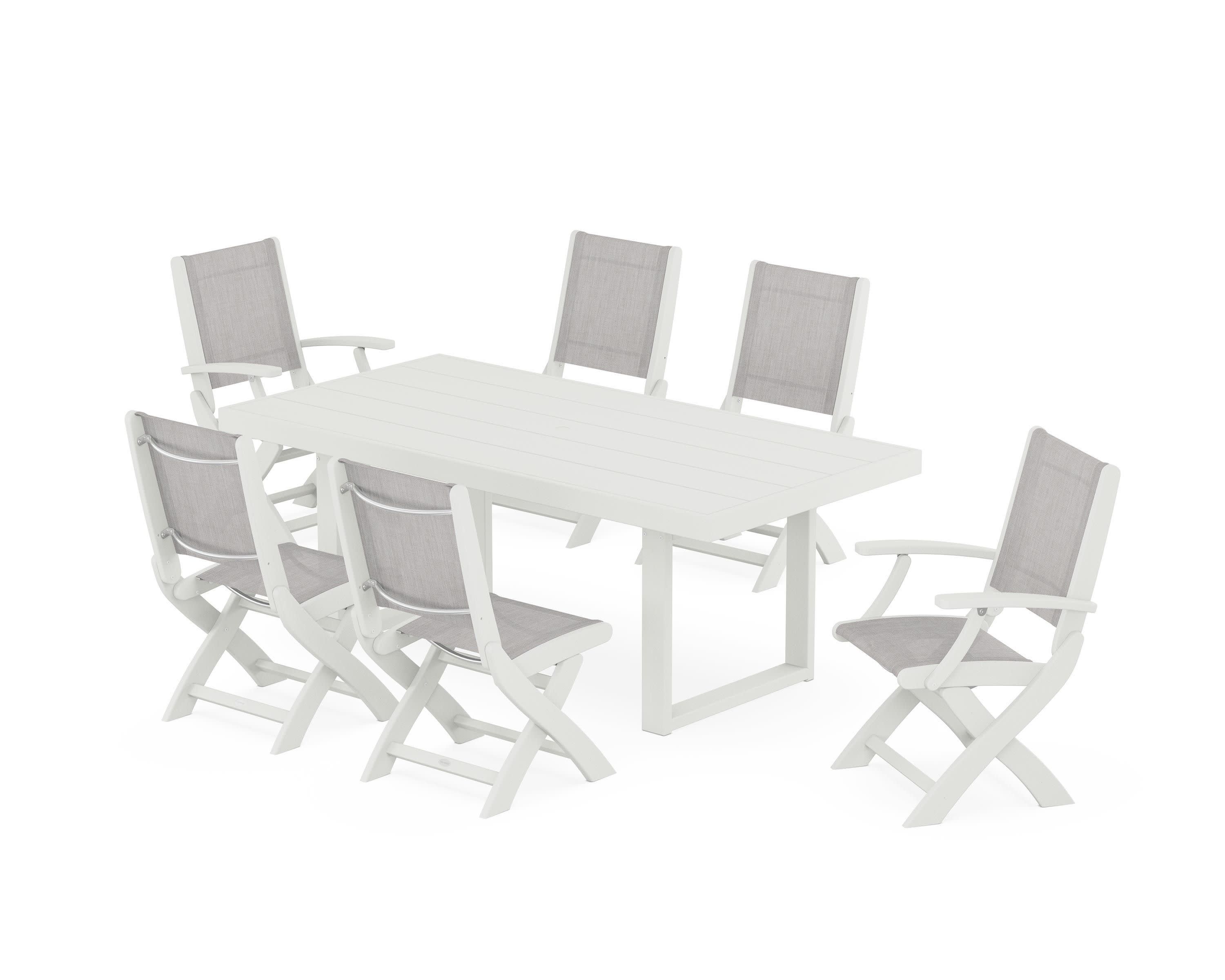 Coastal Folding Chair 7-Piece Dining Set with Trestle Legs in Vintage White / Parchment Sling
