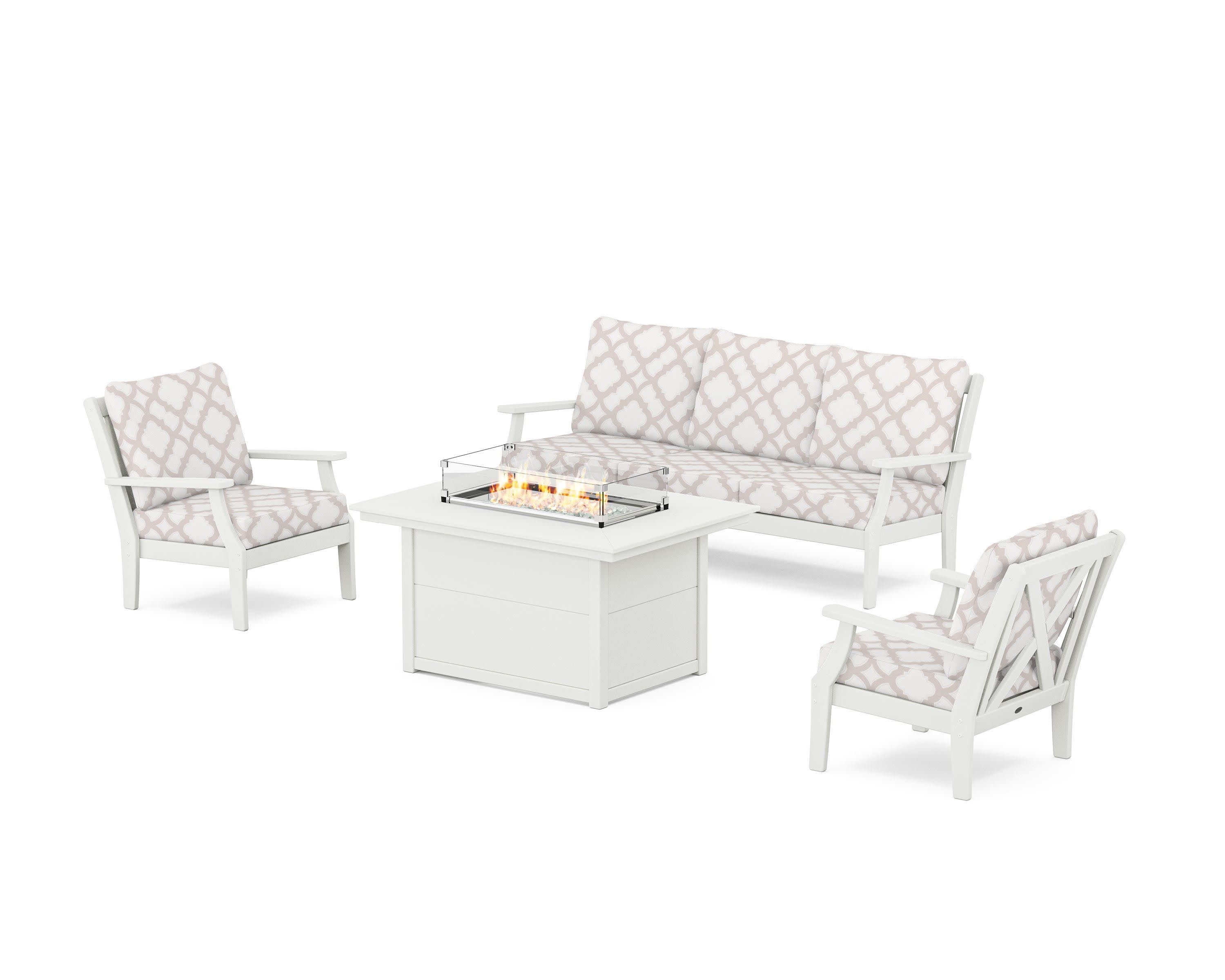 Braxton Deep Seating Fire Pit Table Set in Vintage White / Trellis Dune Burlap