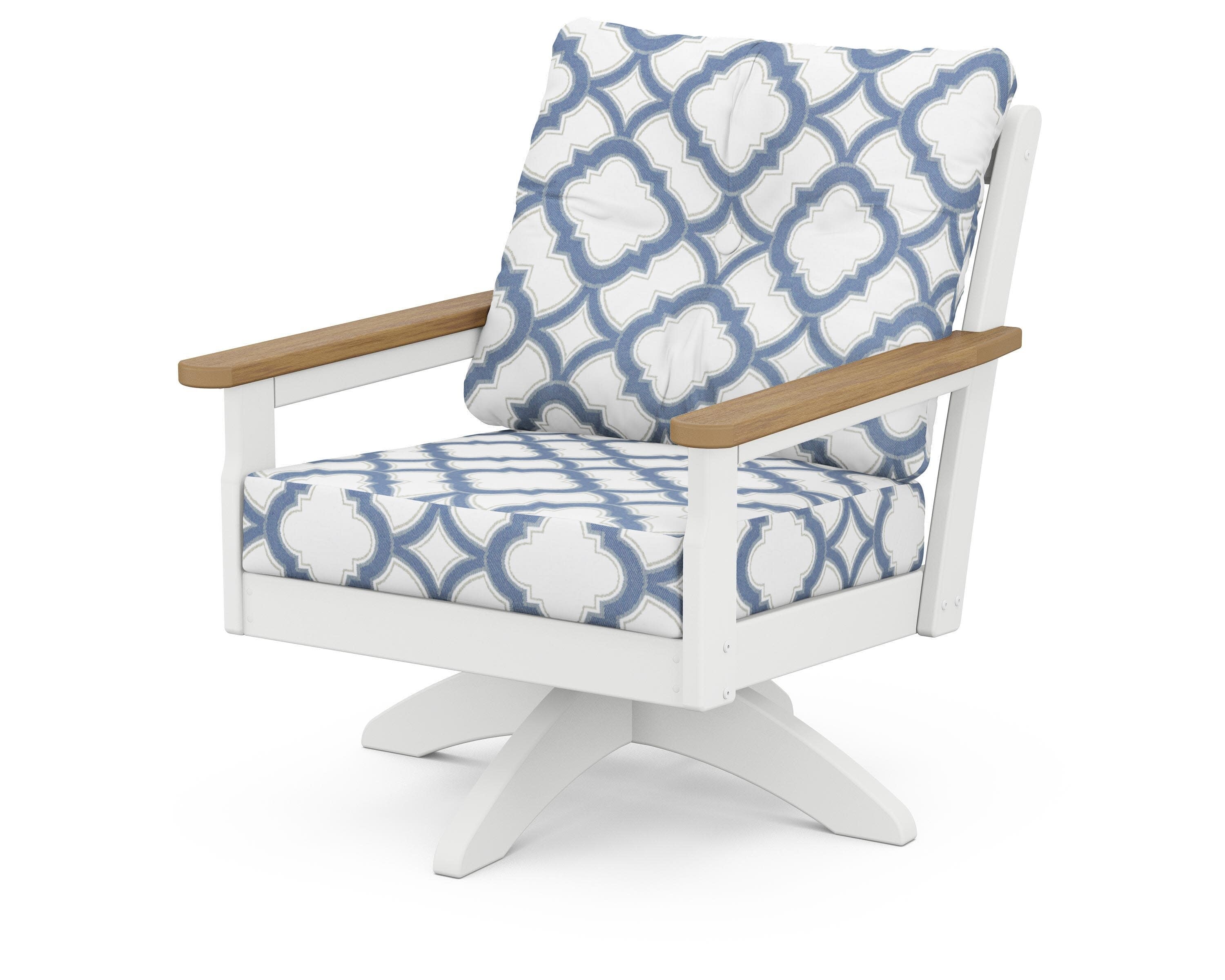 Vineyard Deep Seating Swivel Chair in White / Natural / Trellis Sky Blue