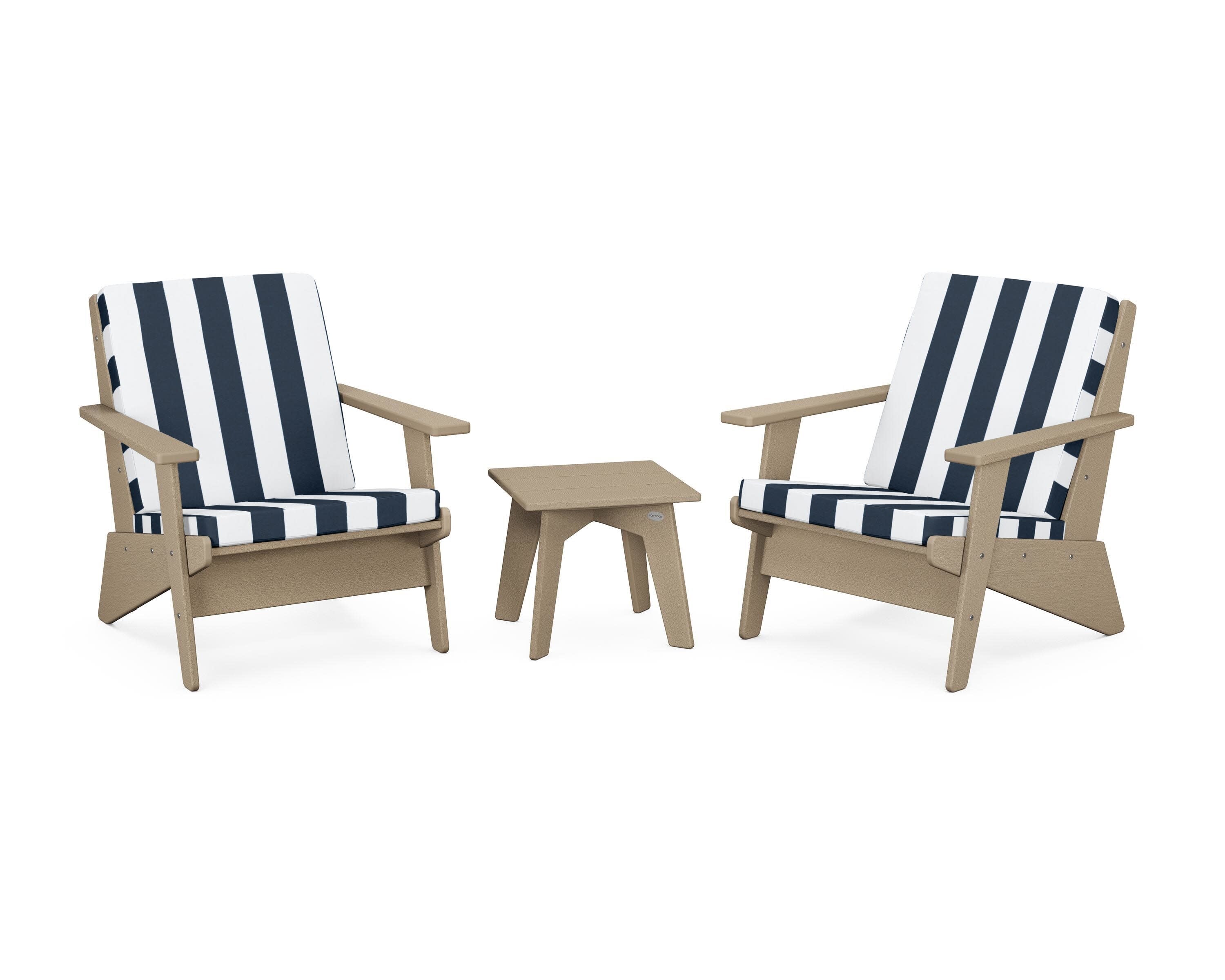 Riviera Modern Lounge 3-Piece Set in Vintage Sahara / Cabana Stripe Marine Indigo
