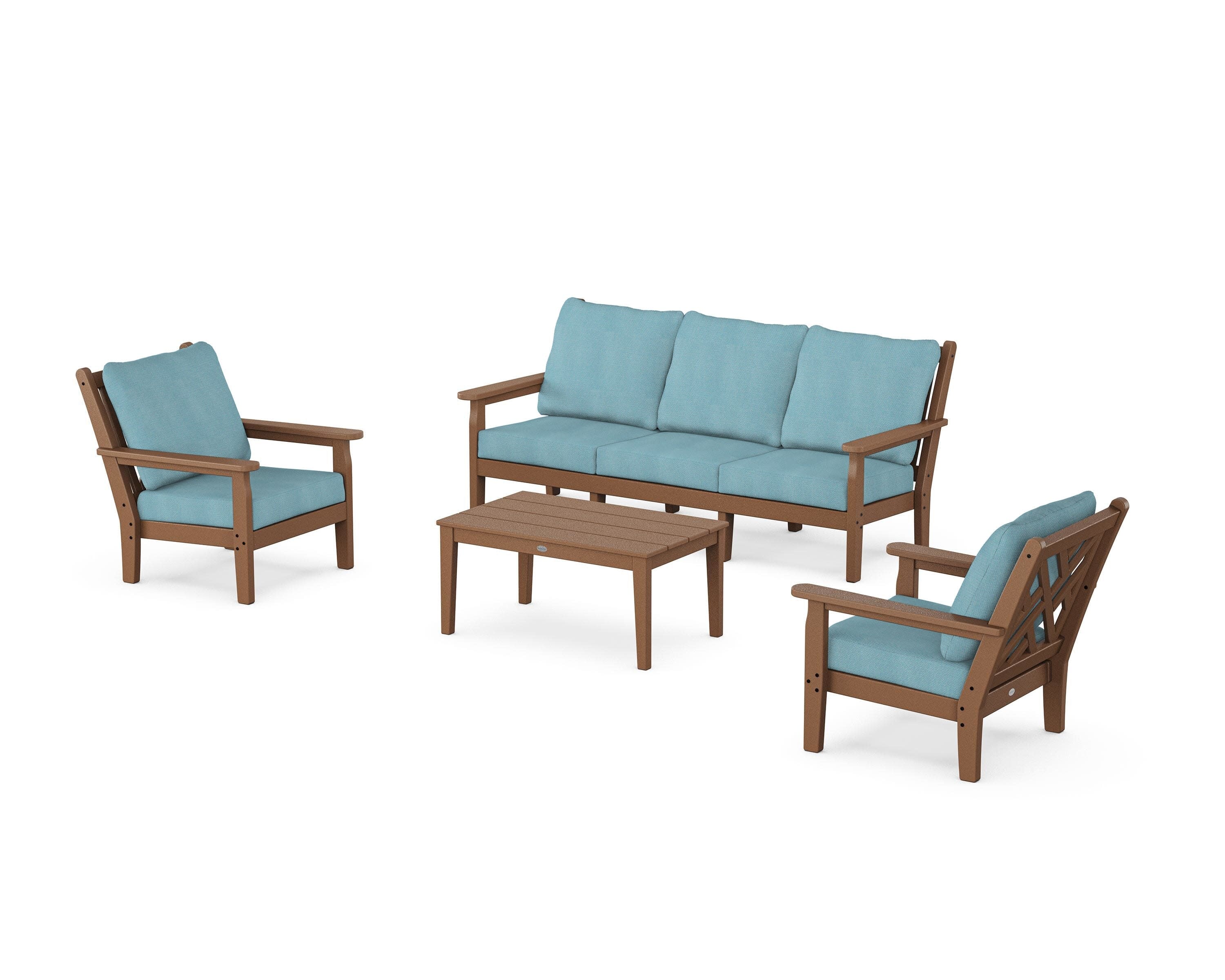 Chippendale 4-Piece Deep Seating Set with Sofa in Teak / Lattice Sky Blue