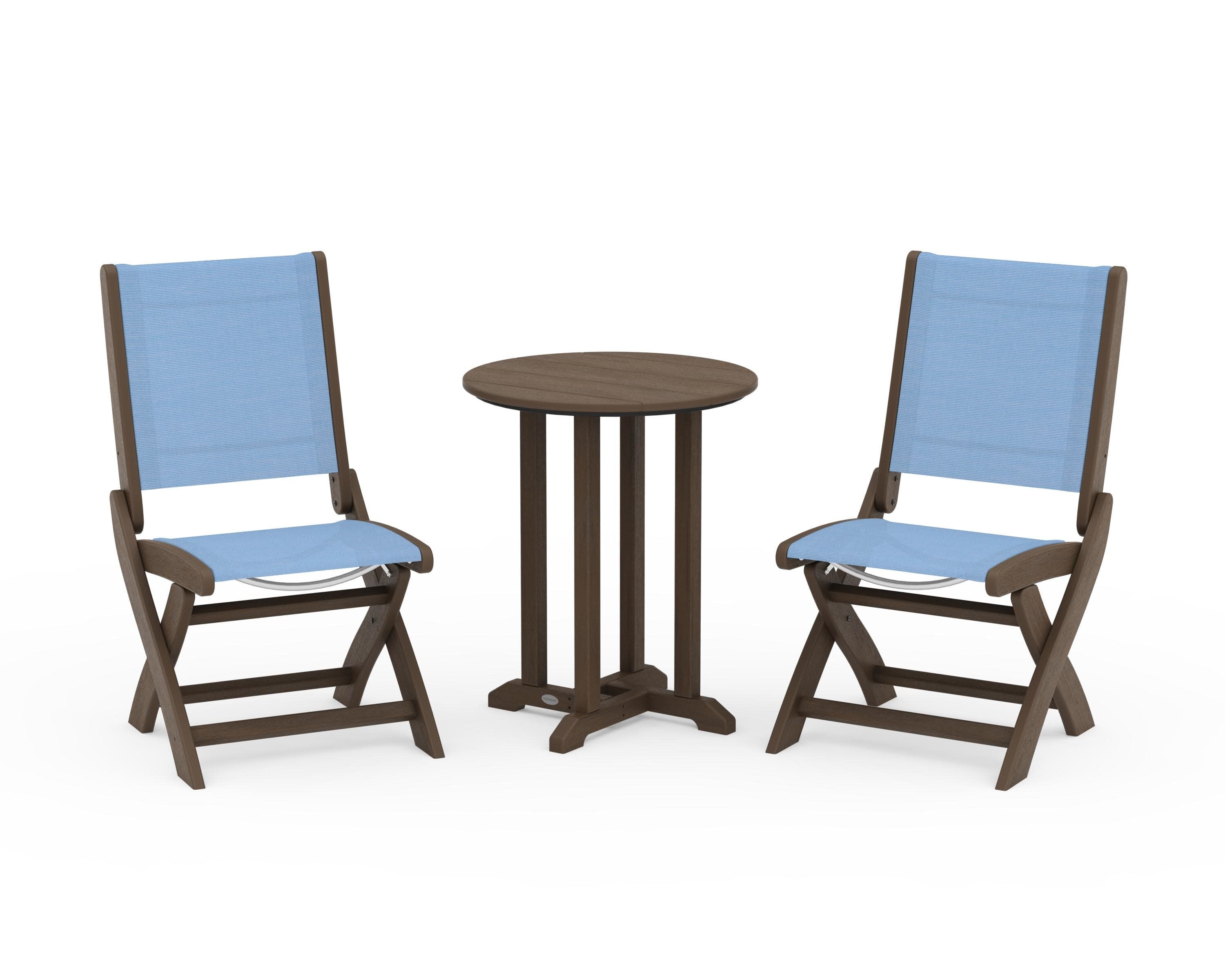 Coastal Folding Side Chair 3-Piece Round Bistro Dining Set in Kona / Poolside Sling