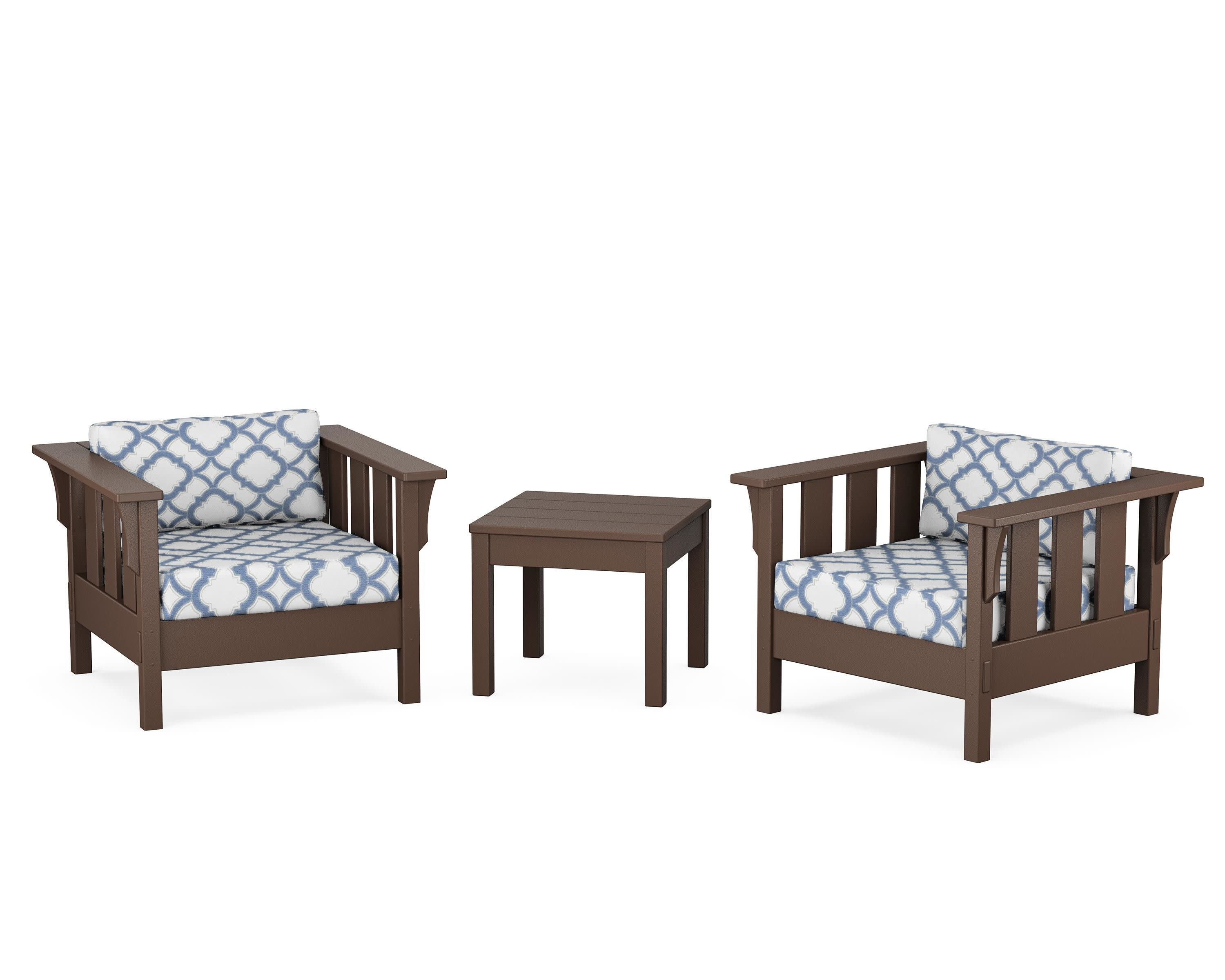 Acadia 3-Piece Deep Seating Set in Mahogany / Trellis Sky Blue