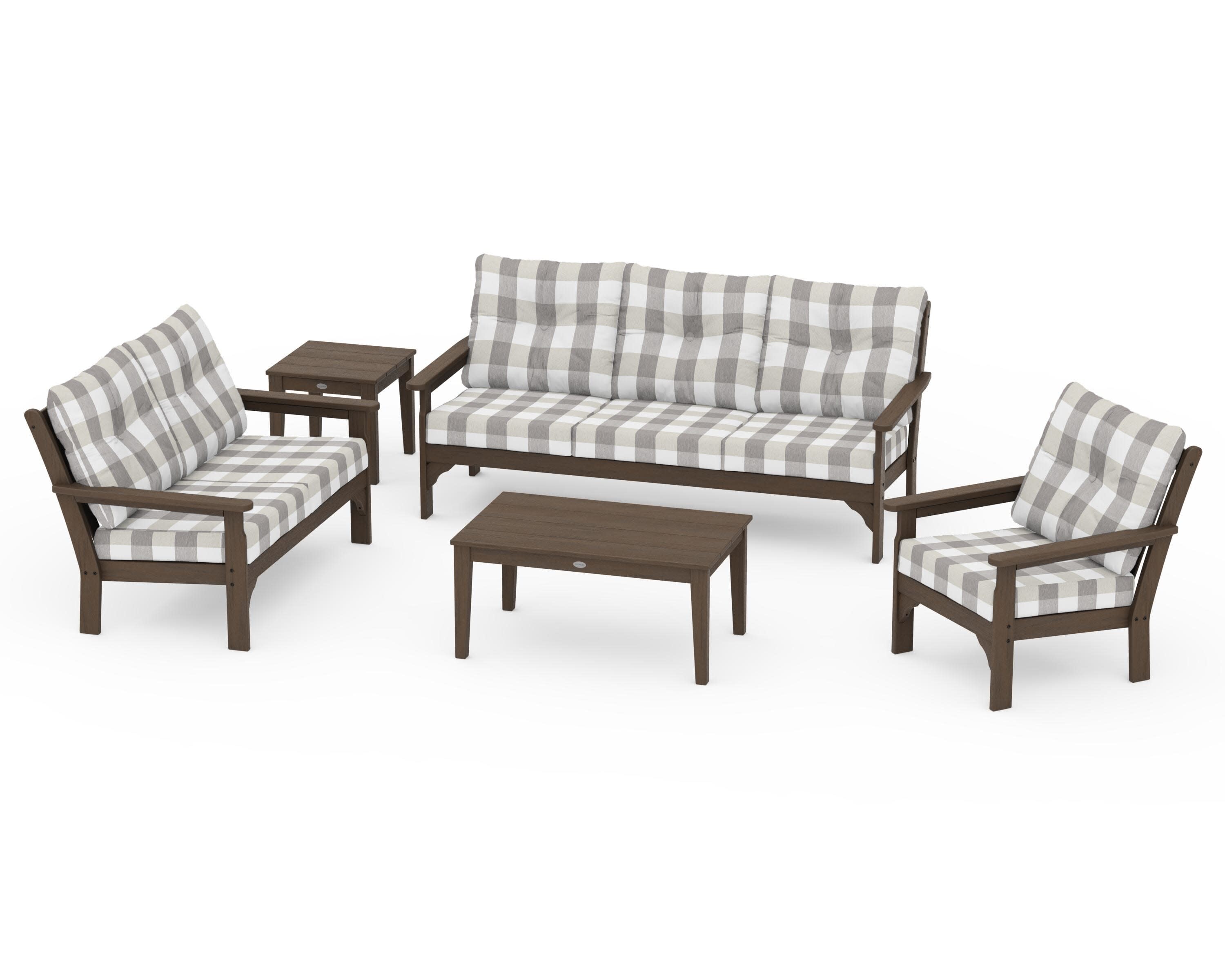 Vineyard 5 Piece Deep Seating Set in Kona / Buffalo Plaid Grey Mist