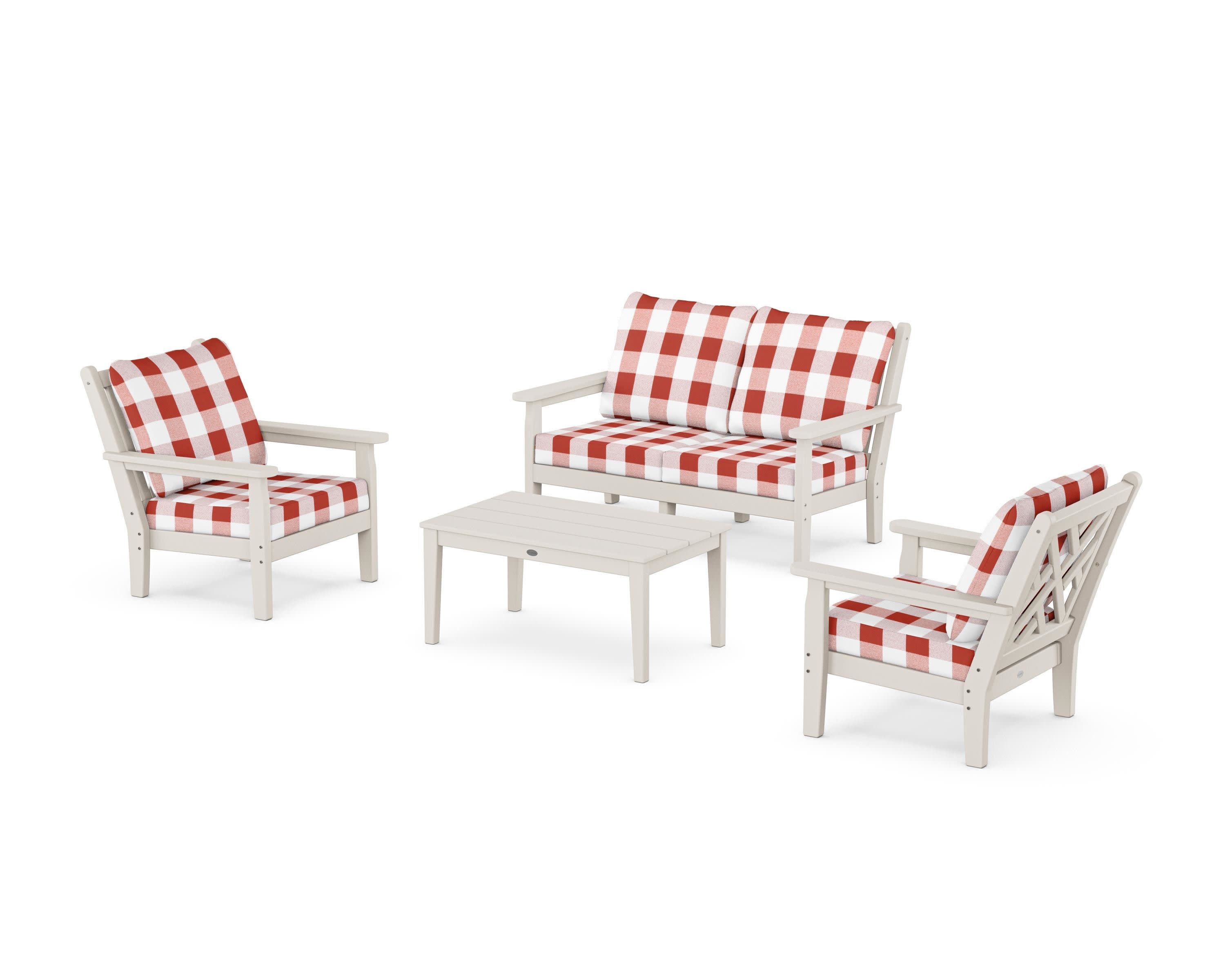 Chippendale 4-Piece Deep Seating Set with Loveseat in Sand / Buffalo Plaid Crimson