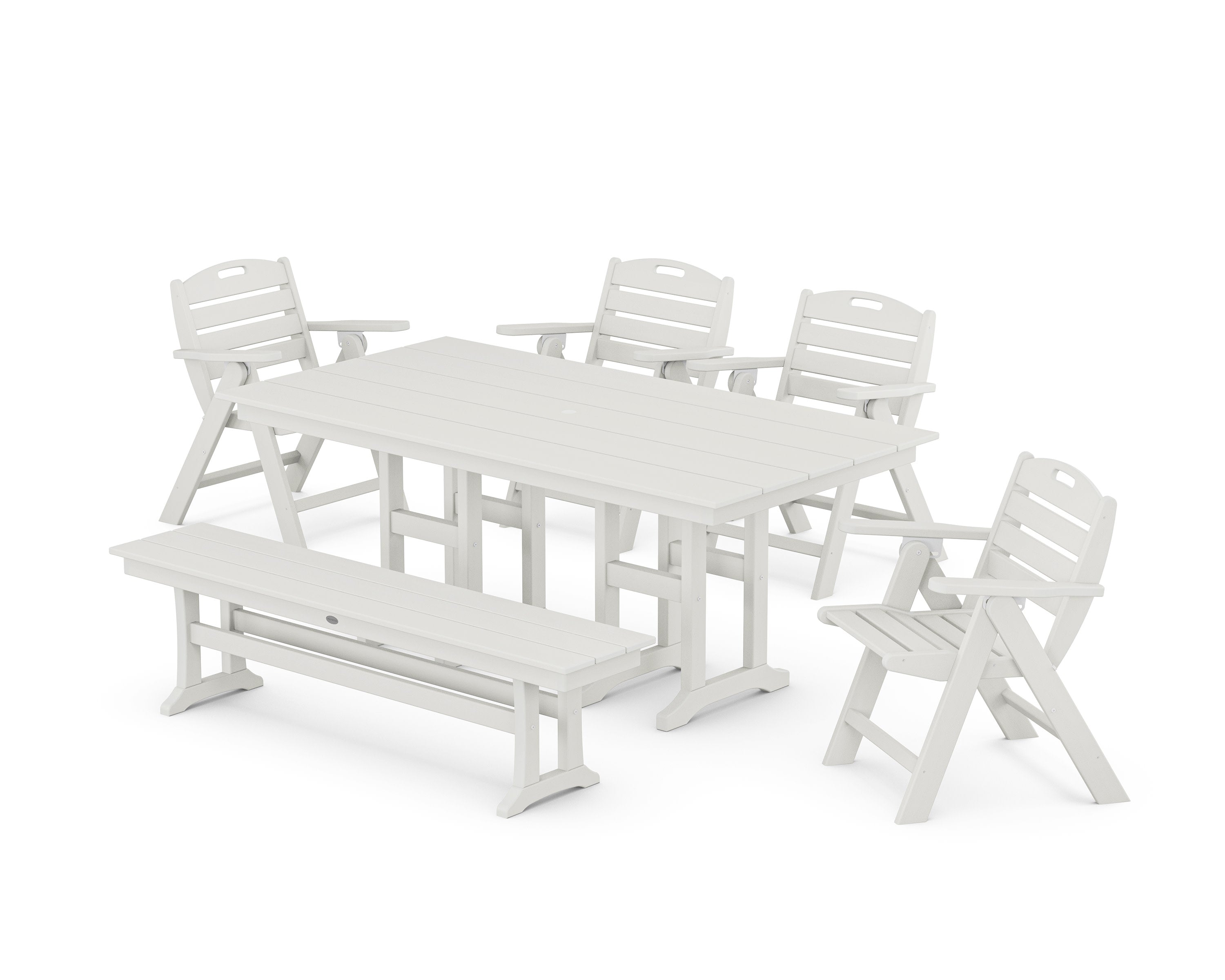 Nautical Lowback 6-Piece Farmhouse Dining Set with Bench in Vintage White
