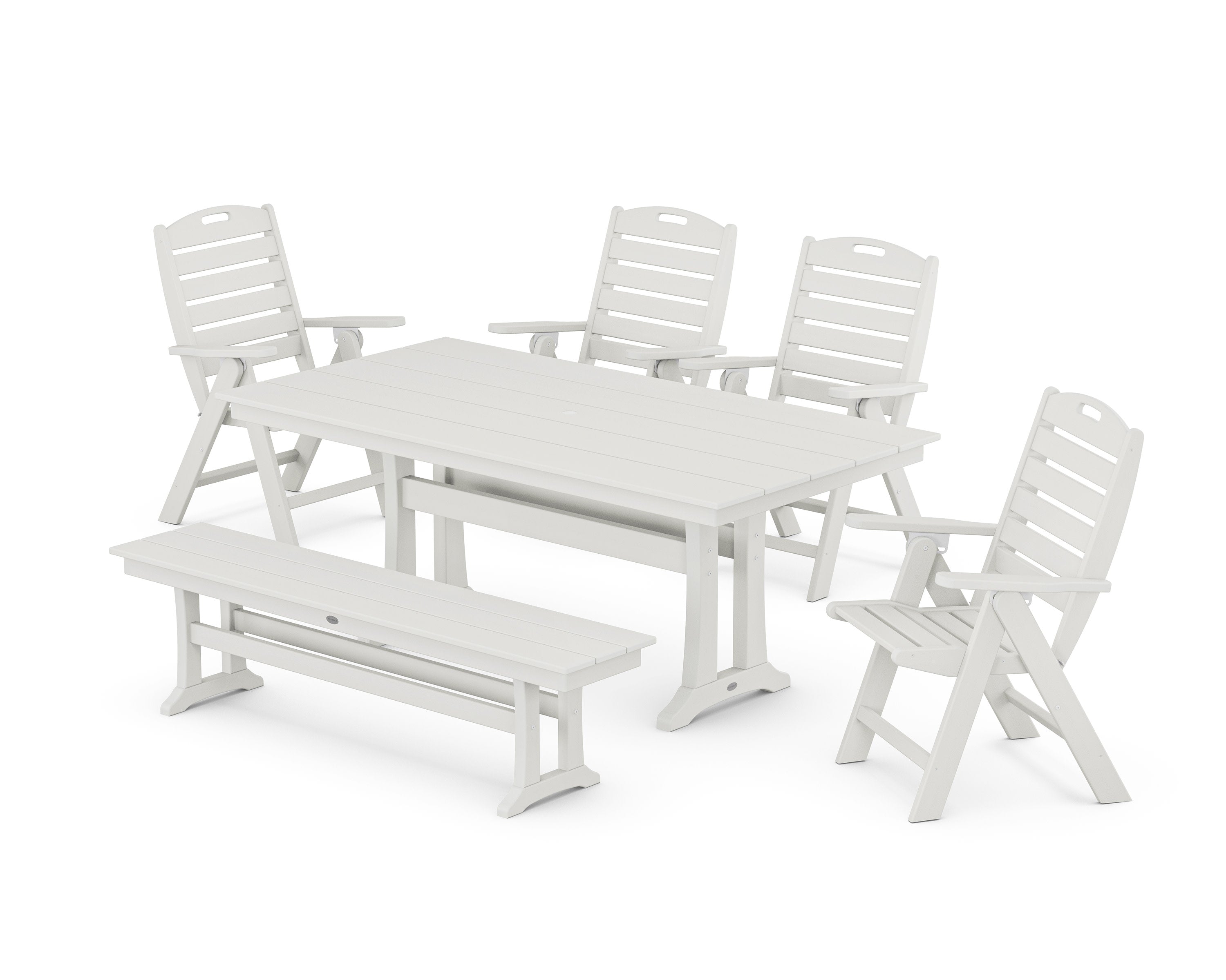 Nautical Highback 6-Piece Farmhouse Dining Set with Trestle Legs and Bench in Vintage White