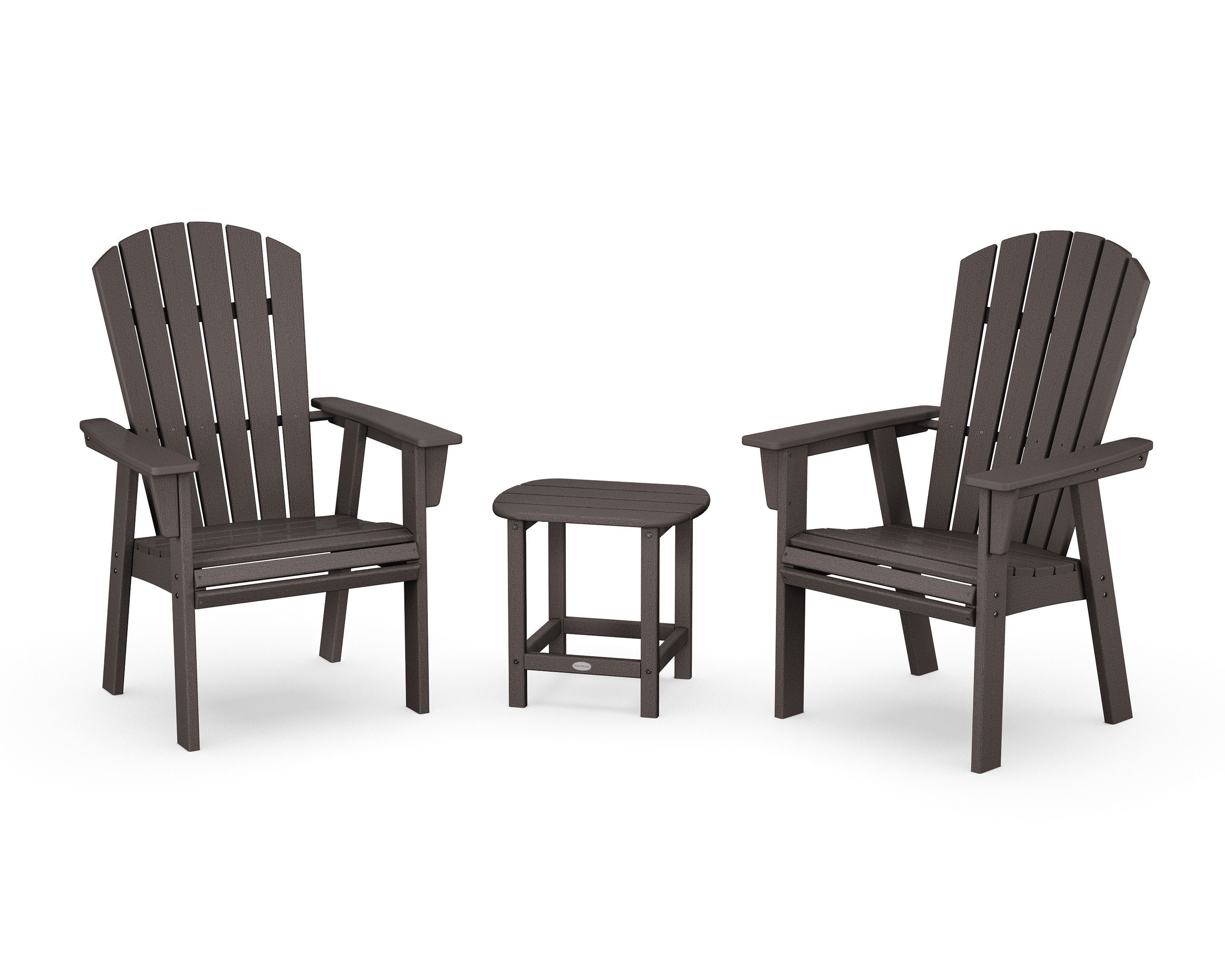 Nautical 3-Piece Curveback Upright Adirondack Chair Set in Vintage Coffee