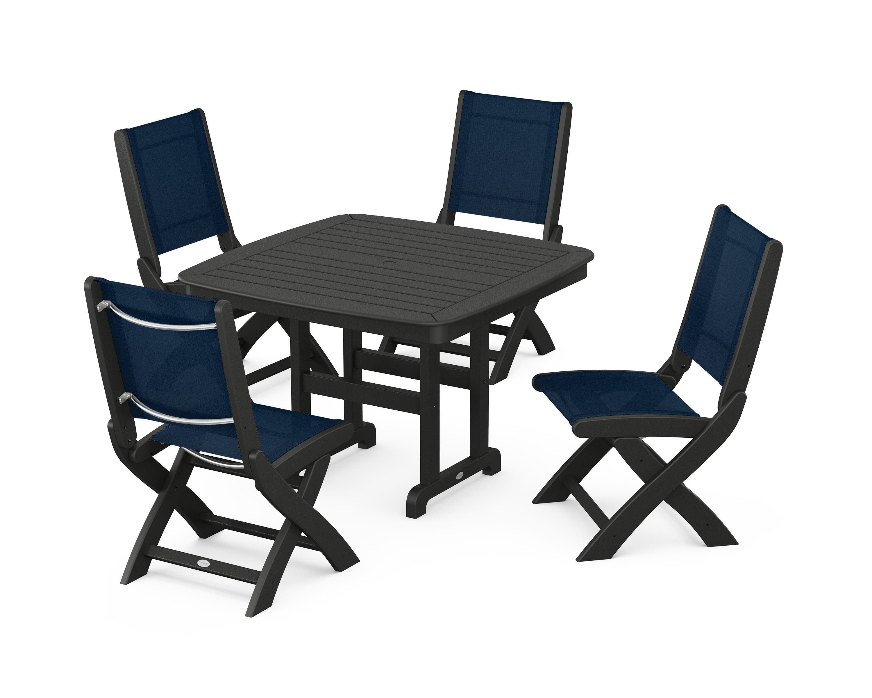 Coastal Folding Side Chair 5-Piece Dining Set in Black / Navy Blue Sling