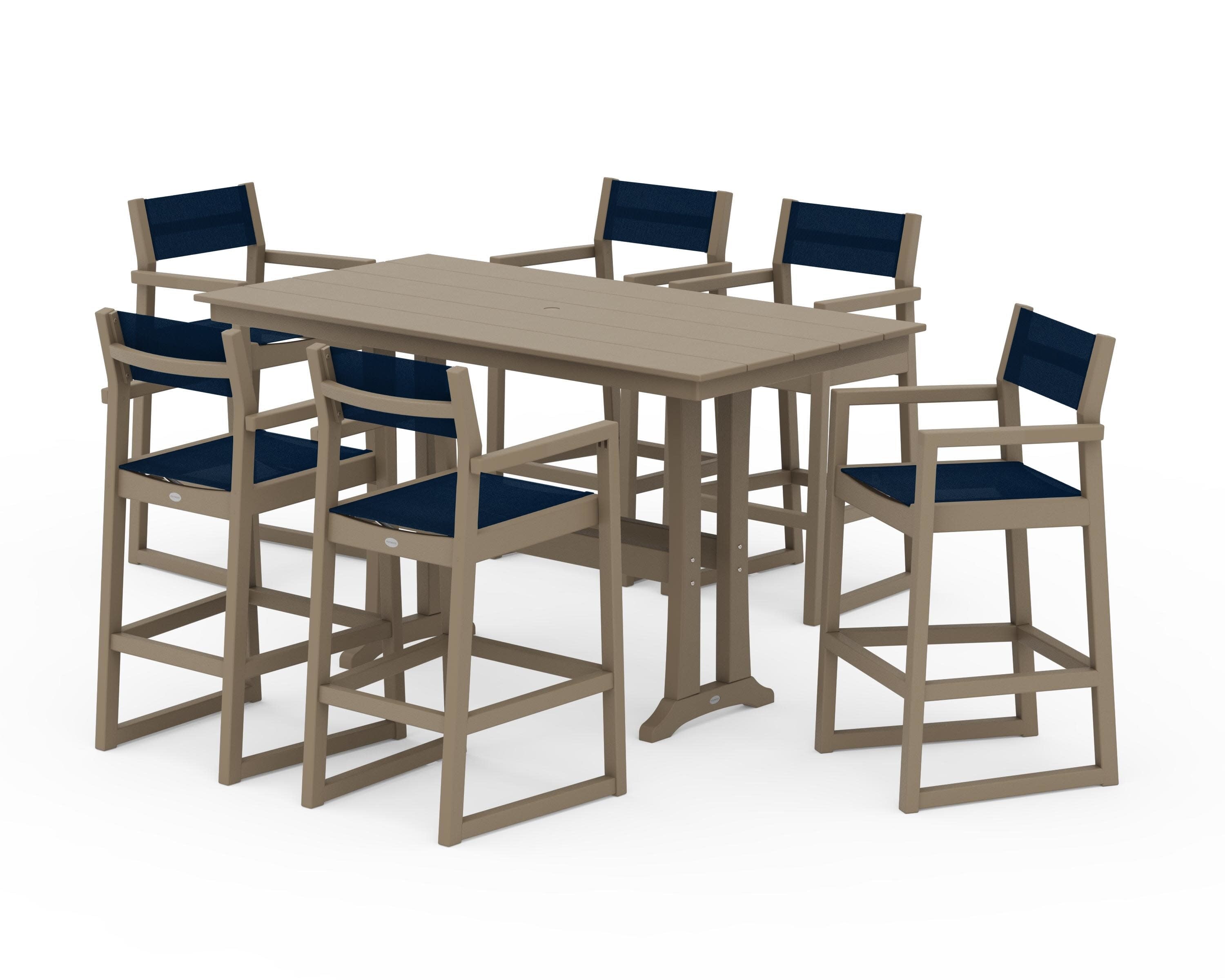 EDGE Sling Arm Chair 7-Piece Farmhouse Bar Set with Trestle Legs in Vintage Sahara / Navy Blue Sling