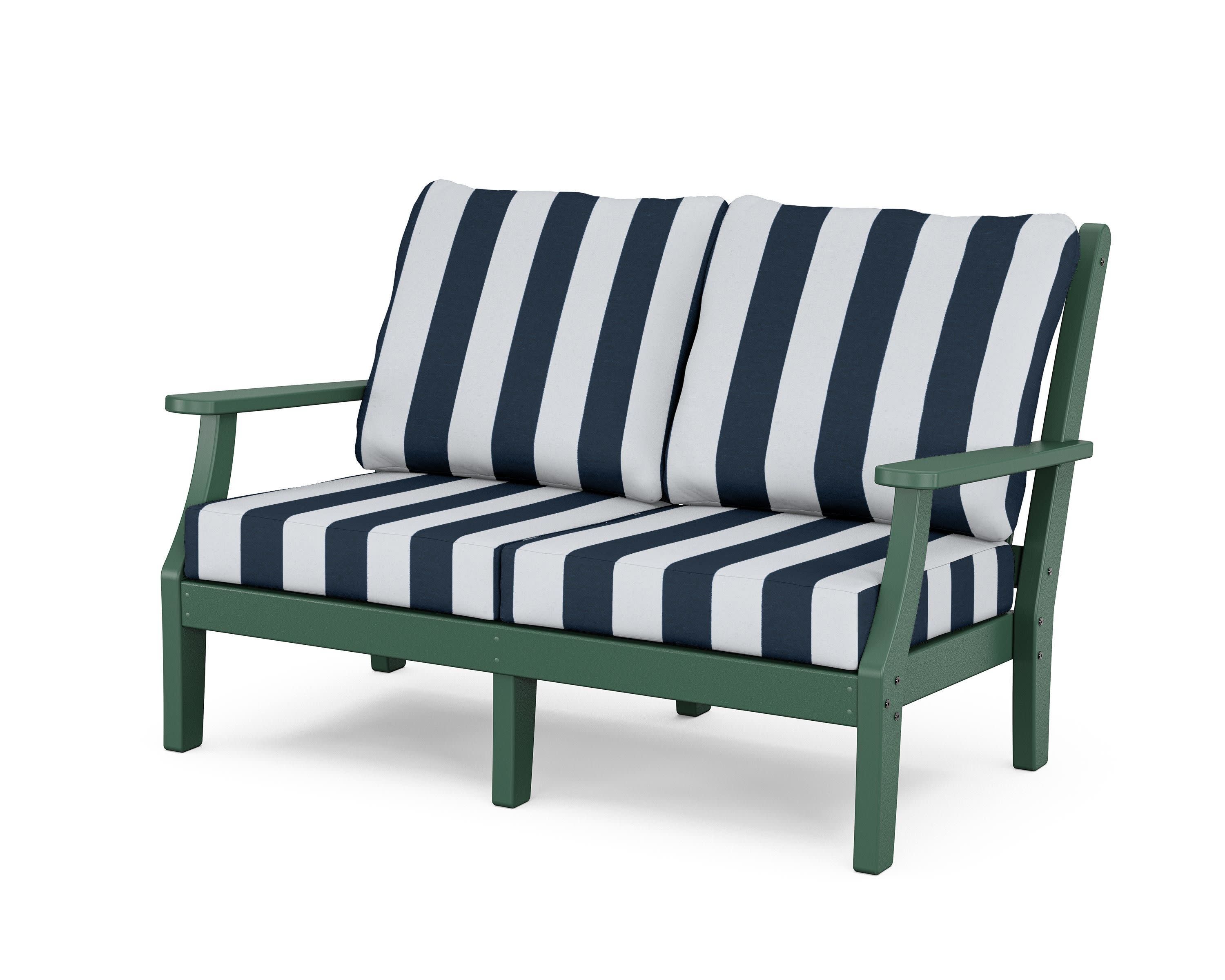 Wovendale Deep Seating Loveseat in Green / Cabana Stripe Marine Indigo