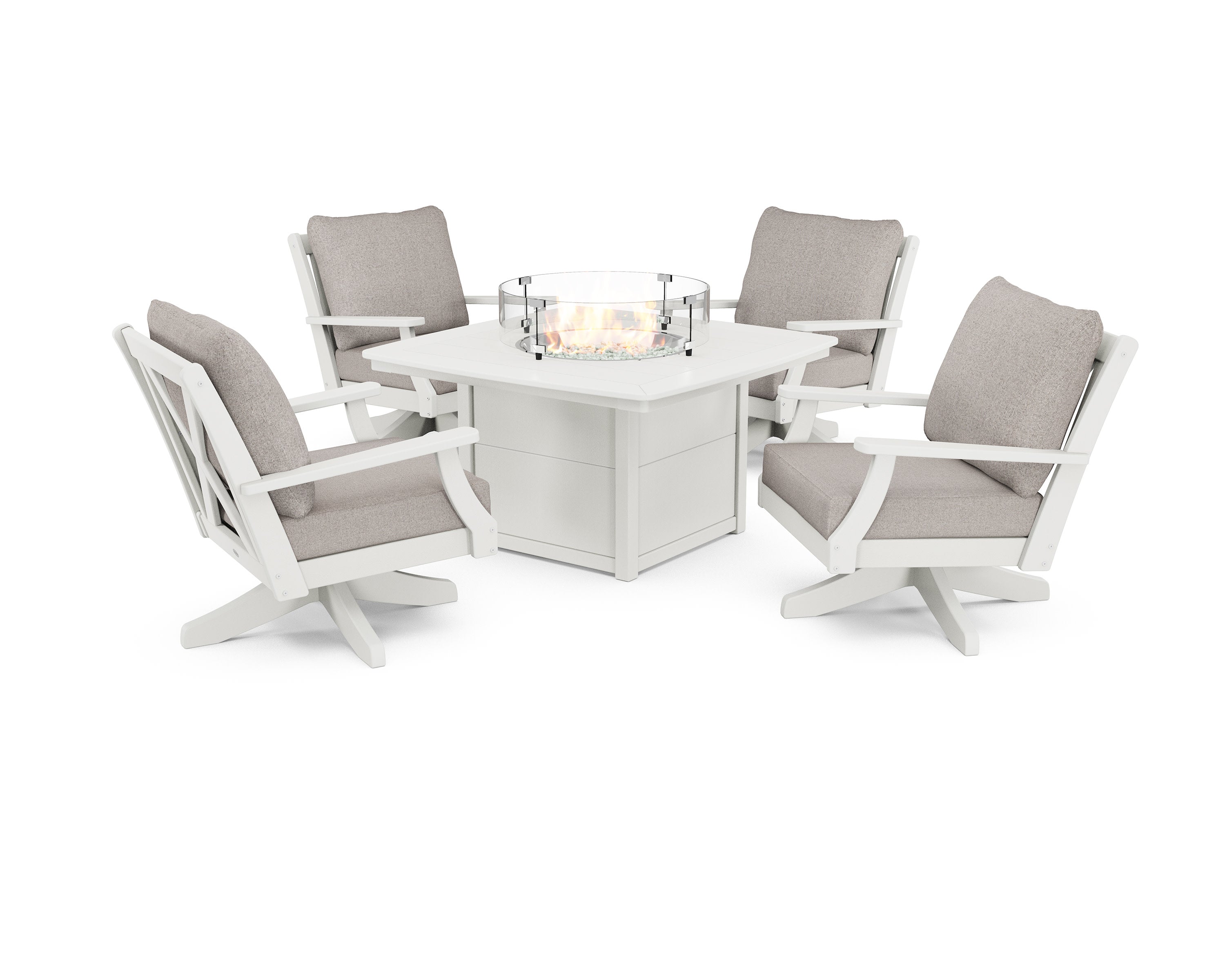 Braxton 5-Piece Deep Seating Swivel Conversation Set with Fire Pit Table in Vintage White / Weathered Tweed