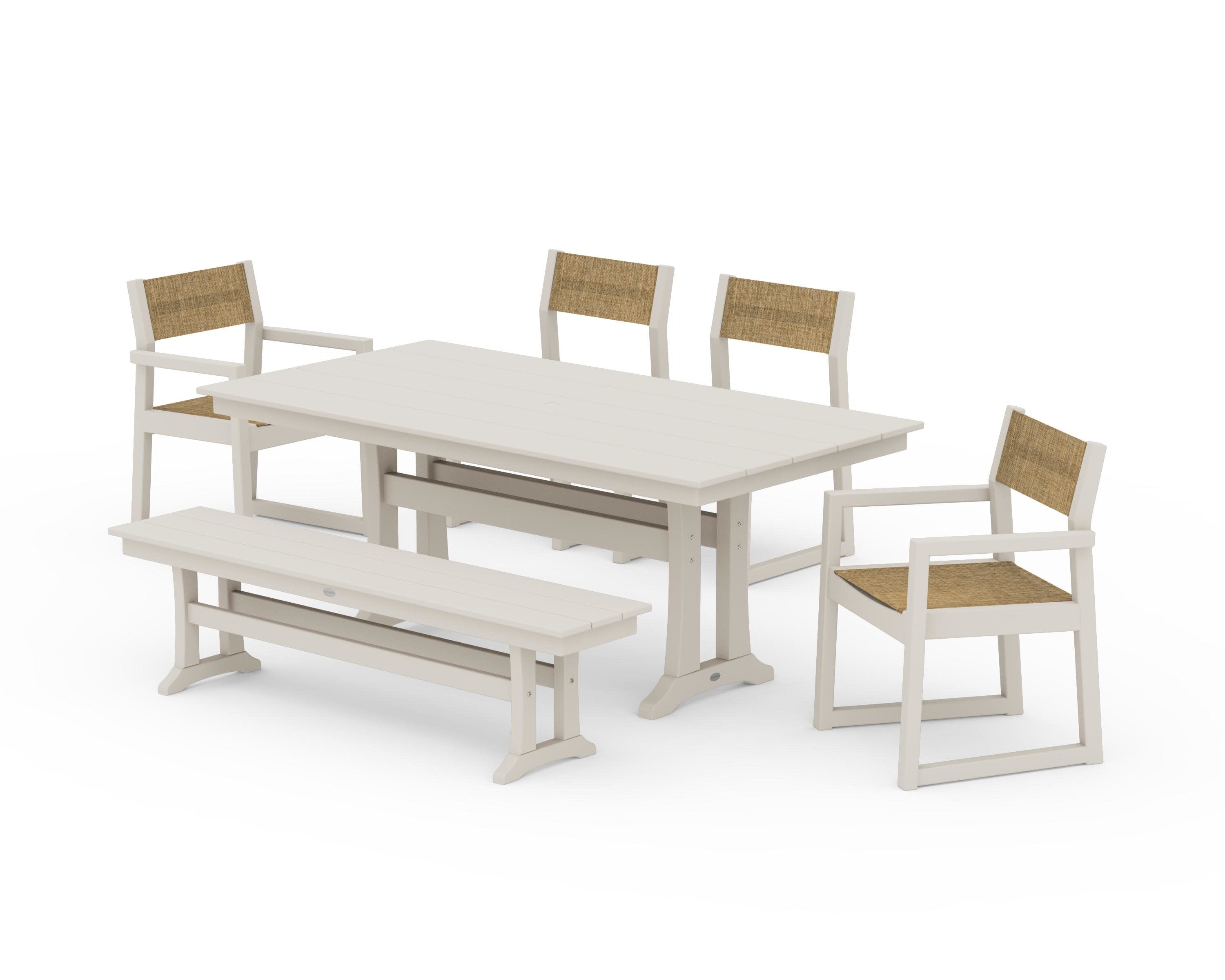 EDGE Sling 6-Piece Farmhouse Dining Set With Trestle Legs in Sand / Burlap Sling