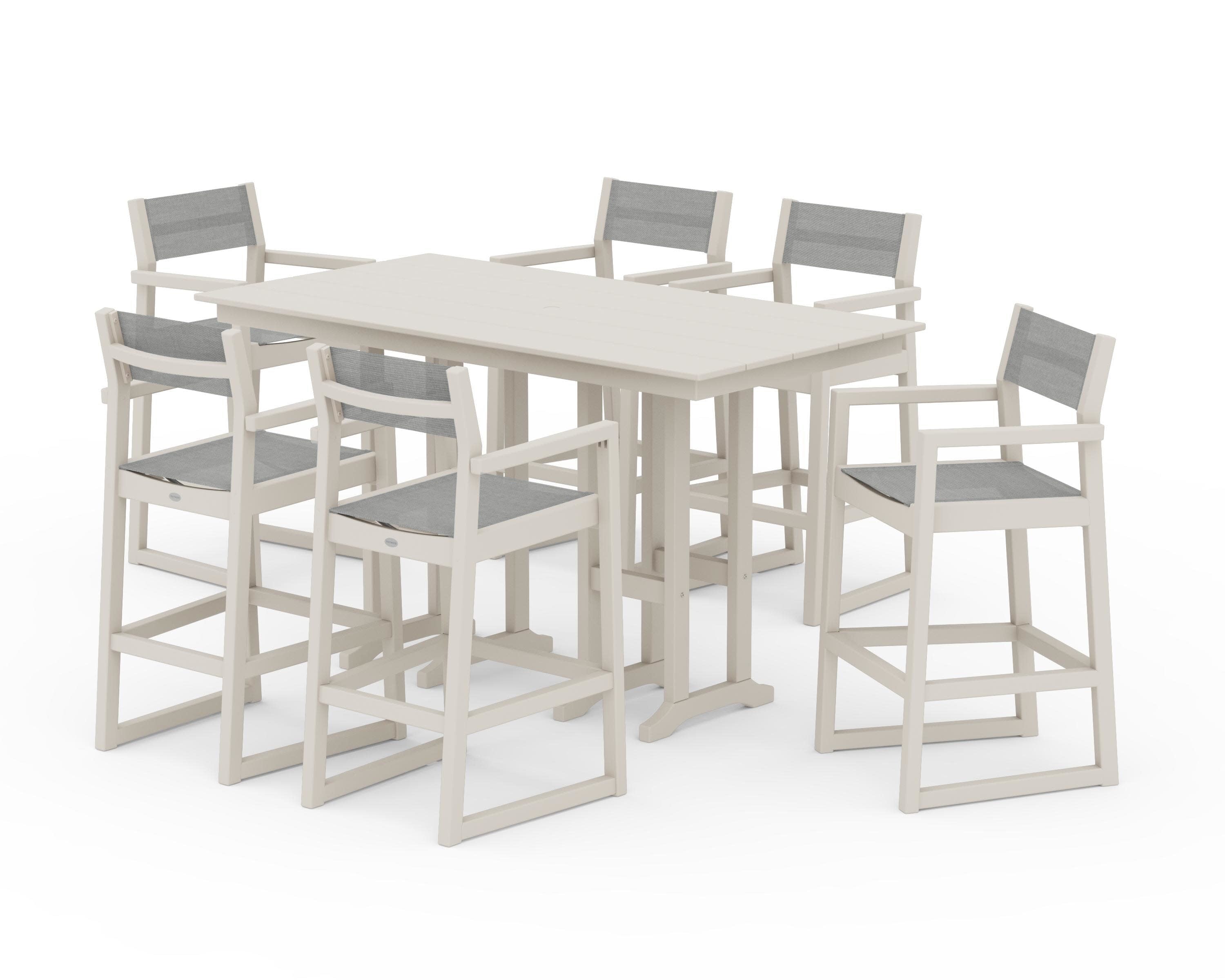 EDGE Sling Arm Chair 7-Piece Farmhouse Bar Set in Sand / Metallic Sling