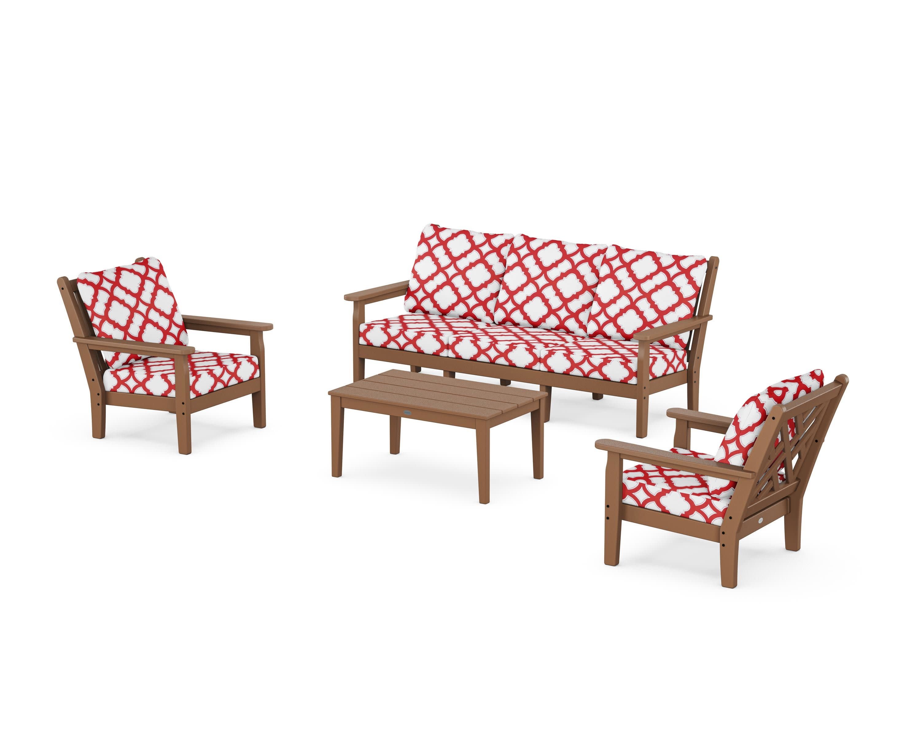 Chippendale 4-Piece Deep Seating Set with Sofa in Teak / Trellis Crimson