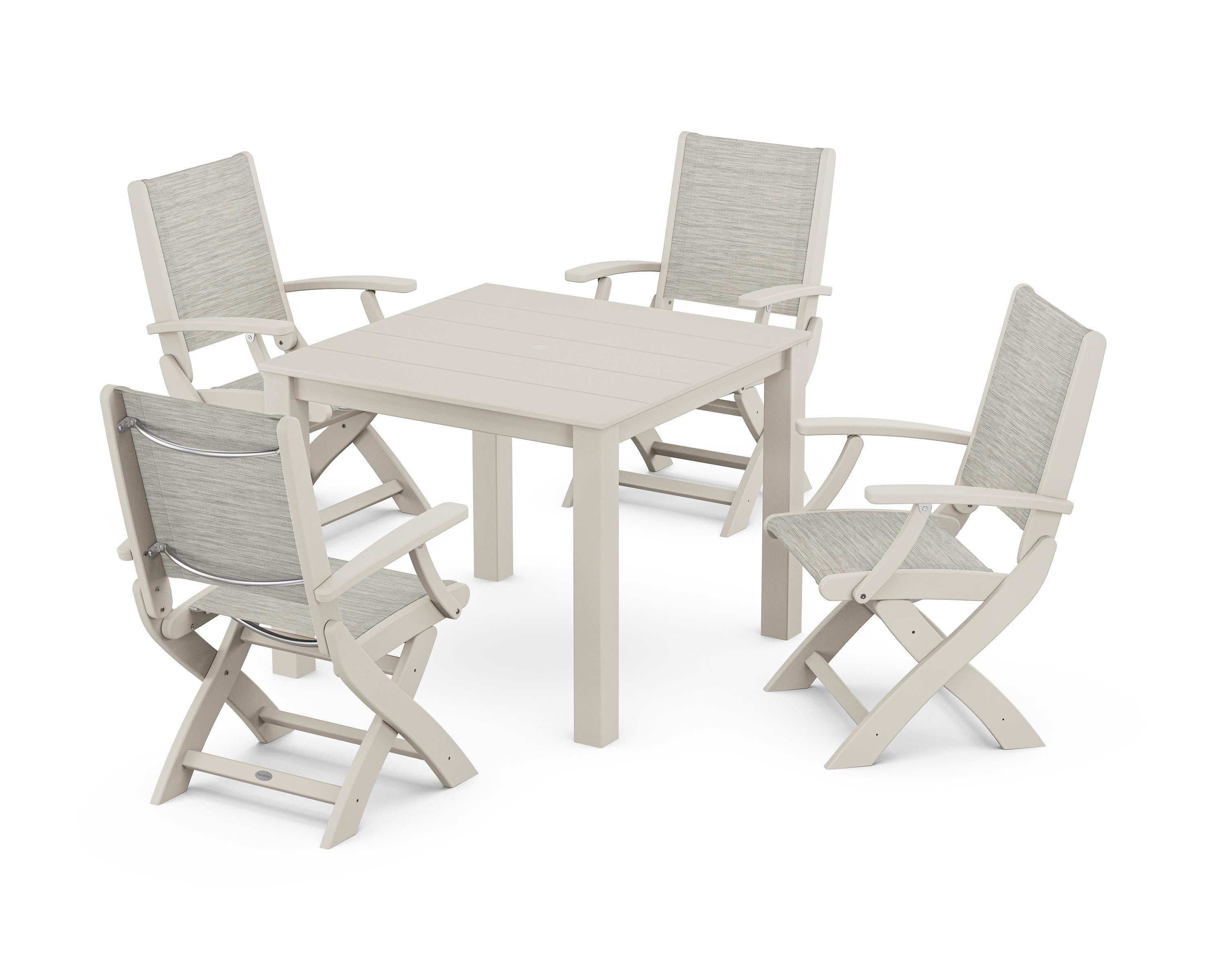 Coastal Folding Chair 5-Piece Parsons Dining Set in Sand / Birch Sling