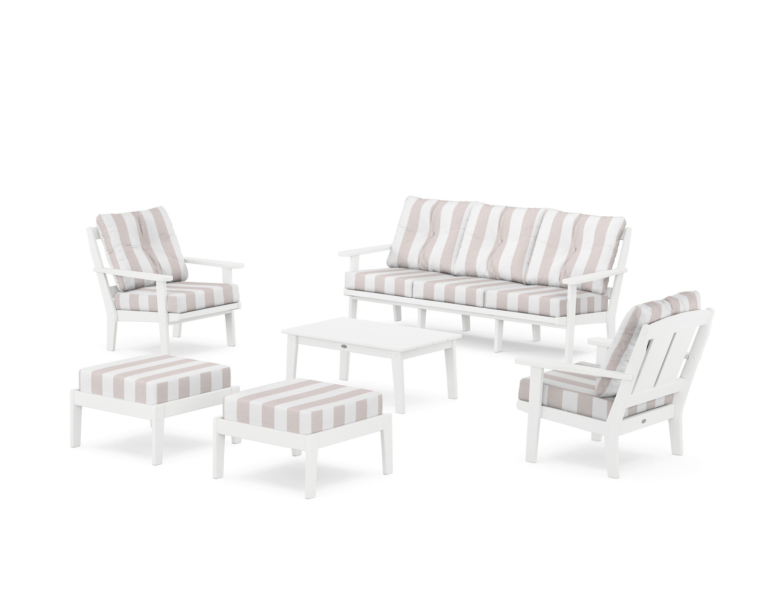 Mission 6-Piece Lounge Sofa Set in White / Cabana Stripe Dune Burlap
