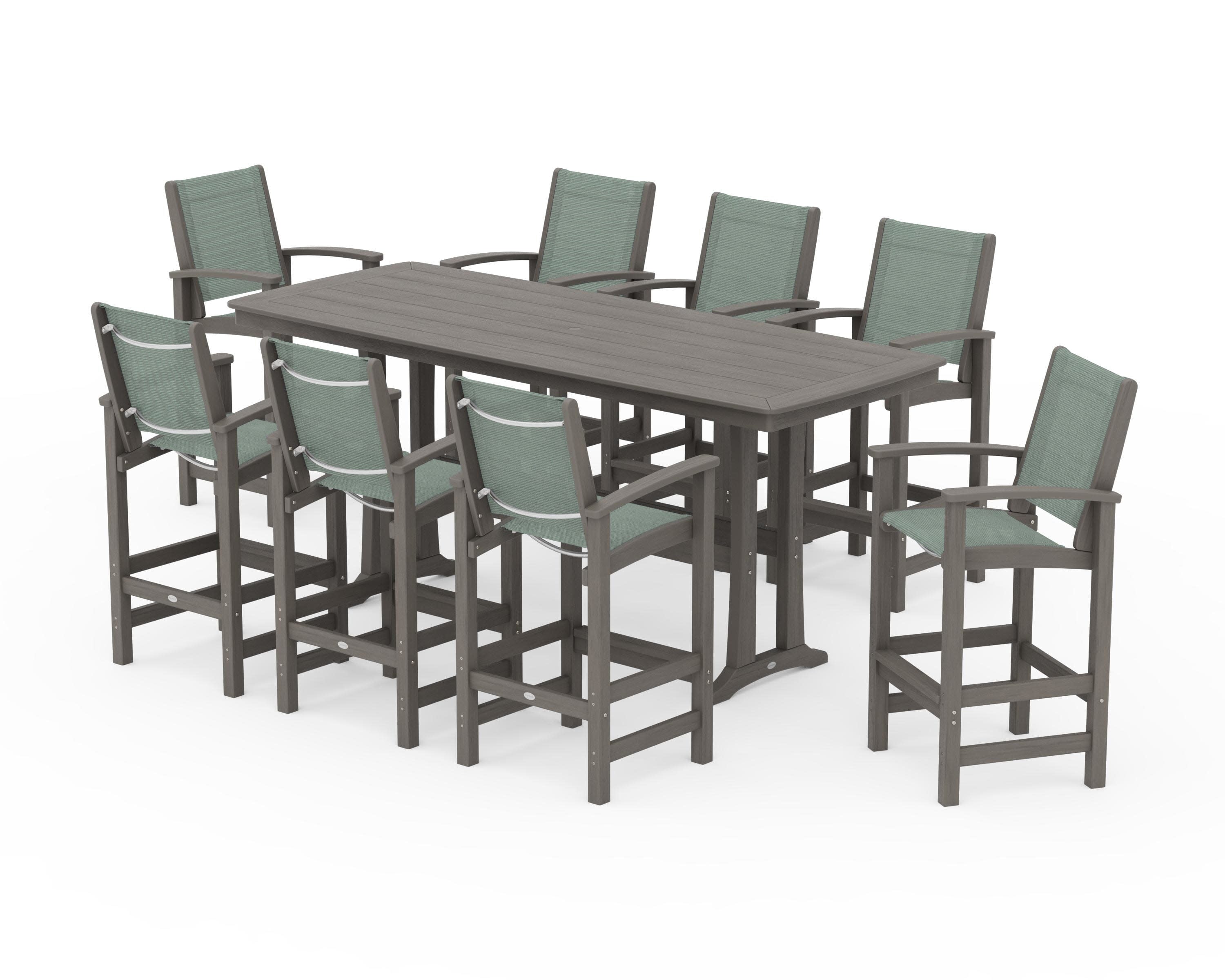 Coastal 9-Piece Bar Set with Trestle Legs in Driftwood / Dupioni Sea Mist Sling