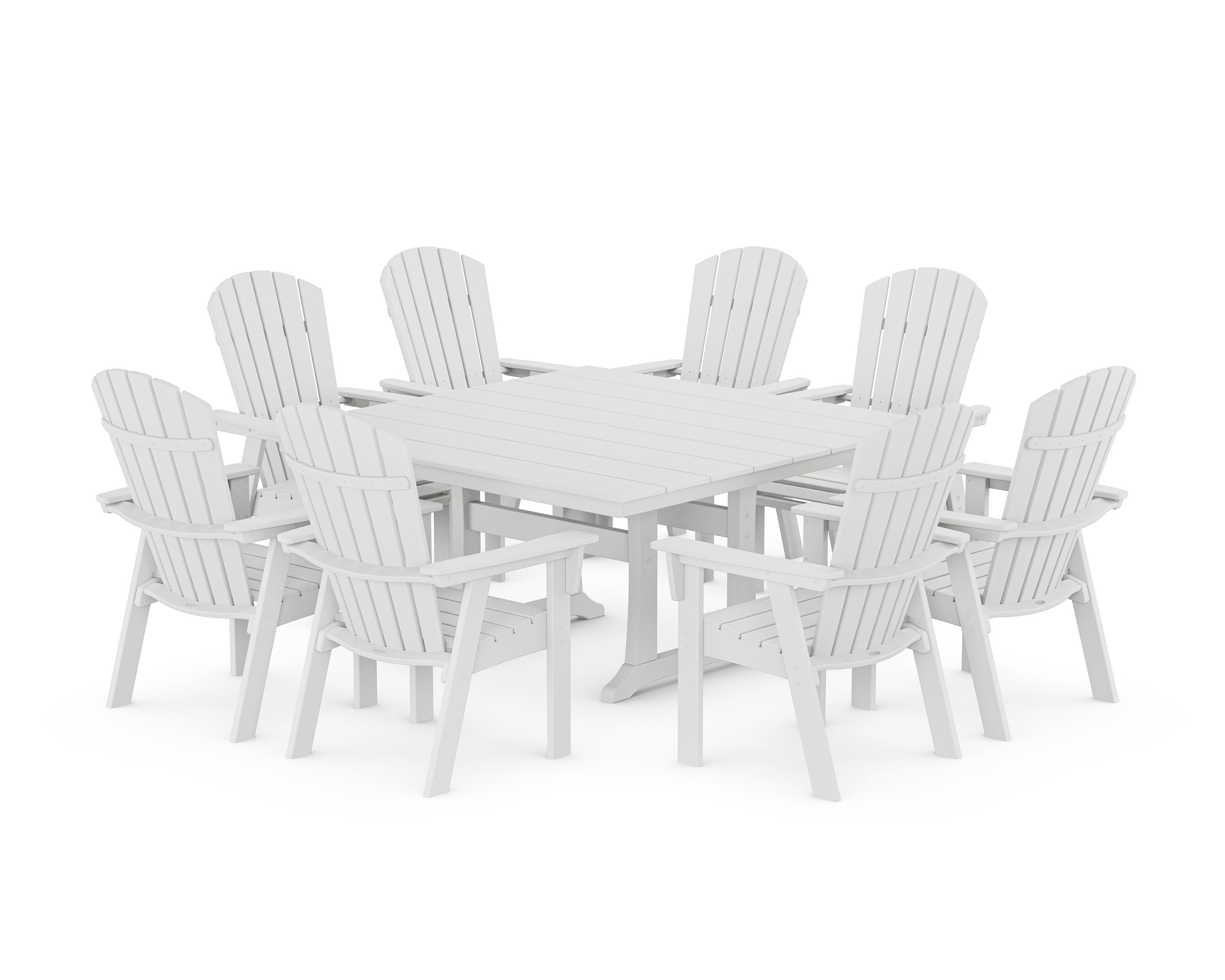 Nautical Curveback Adirondack 9-Piece Square Dining Set with Trestle Legs in White